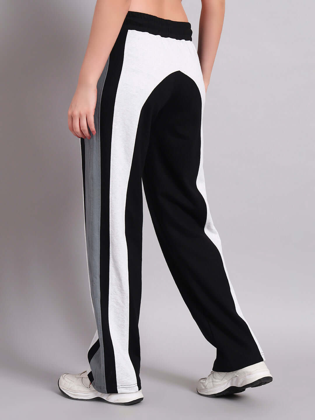 Women's Jamison color block relaxed-fit joggers in black melange and grey, back view.