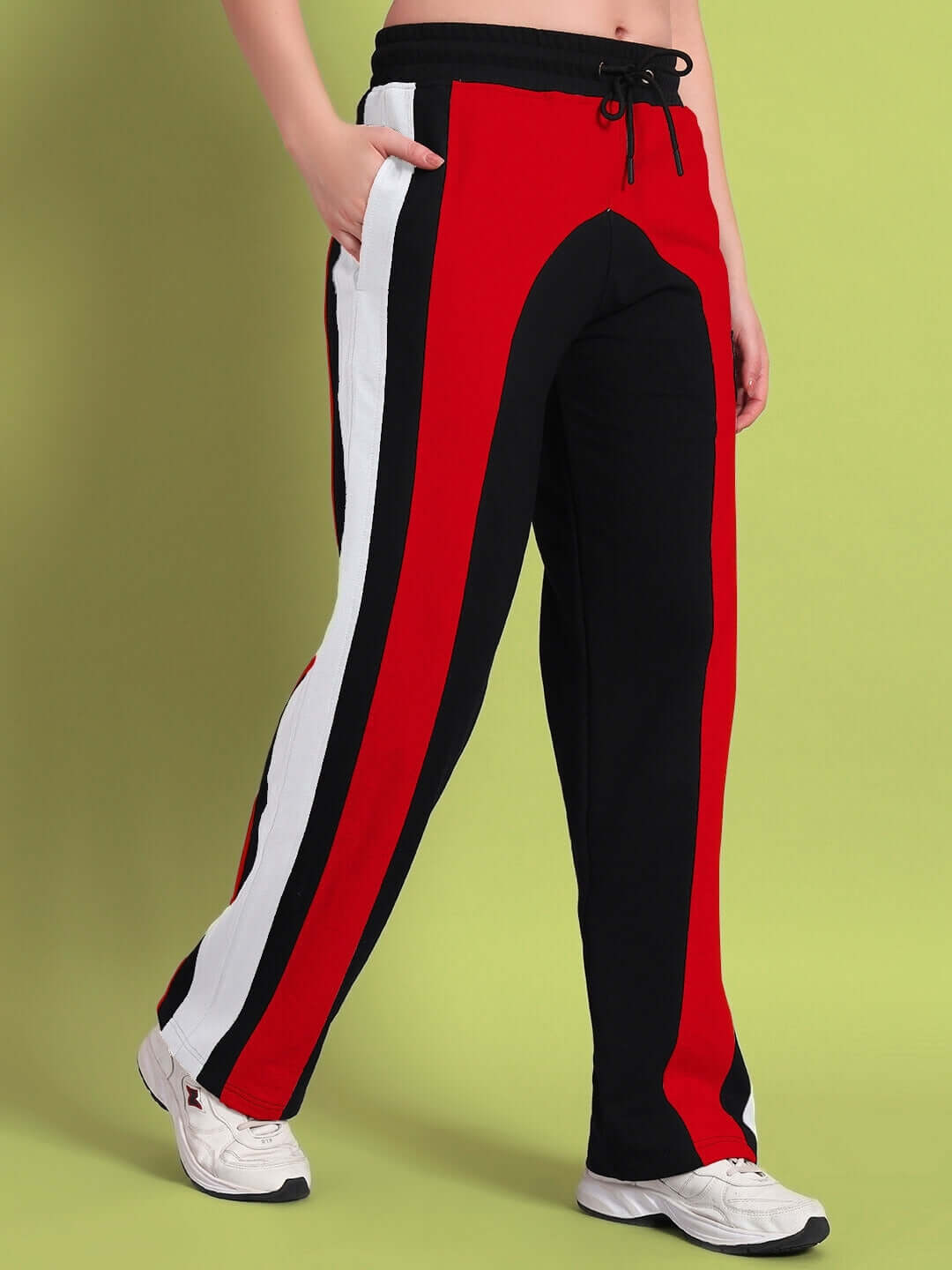 Women's Jamison color block joggers in black and red, relaxed fit, shown with comfortable waistband and side pockets.