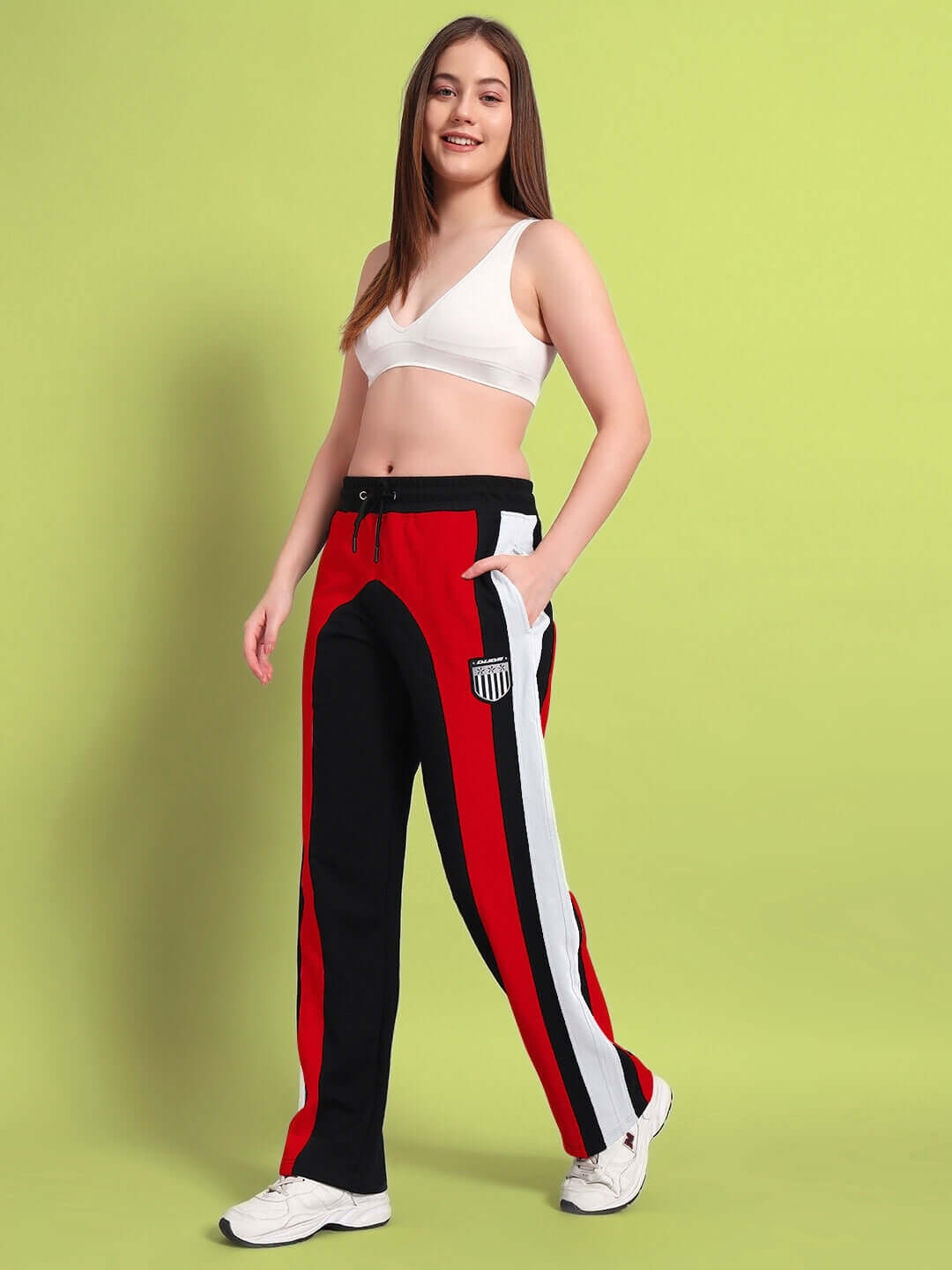Women's Jamison Color Block Relaxed-Fit Joggers in Black and Red, made to order with custom fit option, styled by DUDS.