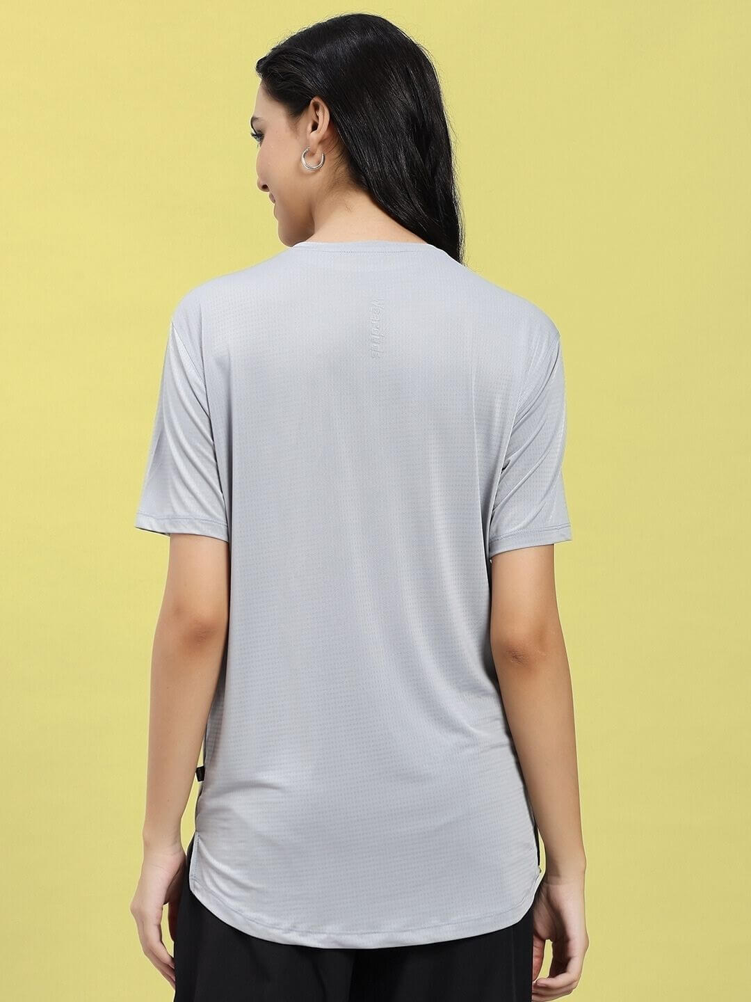 Back view of WOMEN JET RUN REGULAR FIT T-SHIRT GREY showcasing soft, breathable fabric and comfortable fit, perfect for versatile styling.