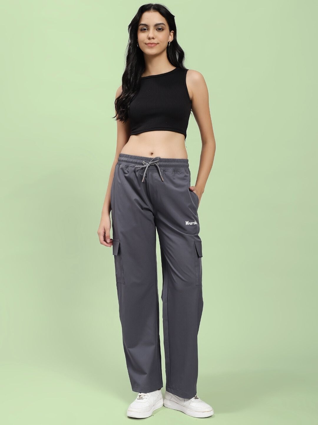 Woman wearing WOMEN'S JIMMY RELAXED FIT MULTI POCKET JOGGER DARK GREY, showcasing casual style and comfort.