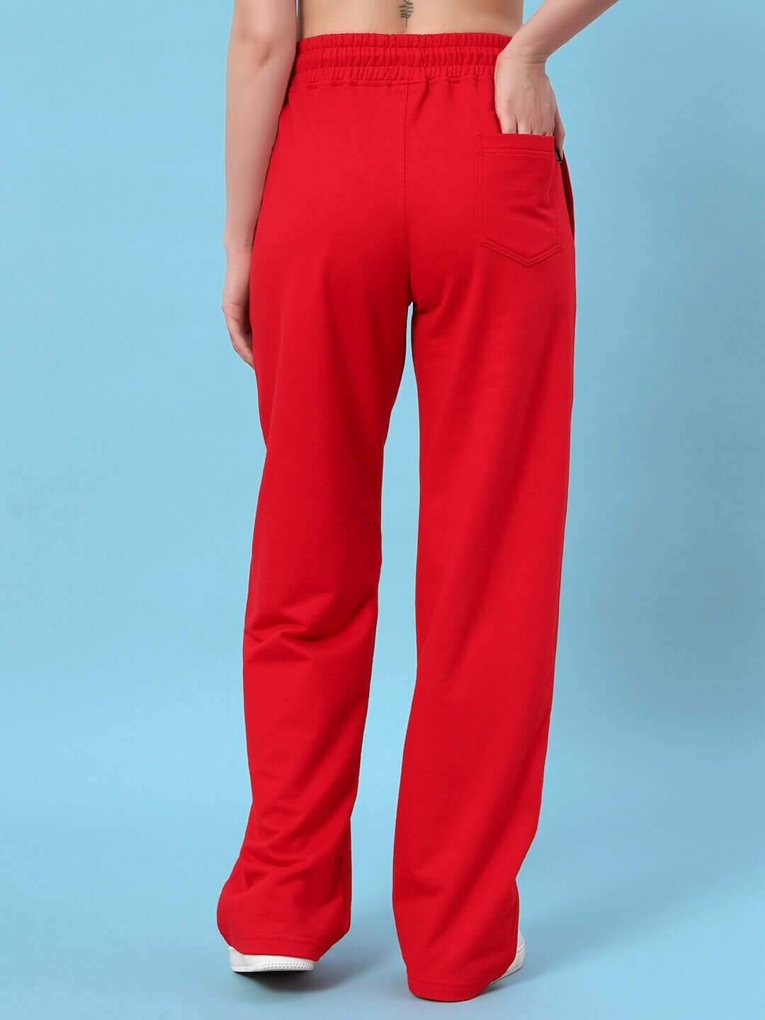 Back view of Women's Joy Feel Mickey Relaxed Fit Jogger in red, showcasing comfort and style, perfect for custom and prepaid orders.