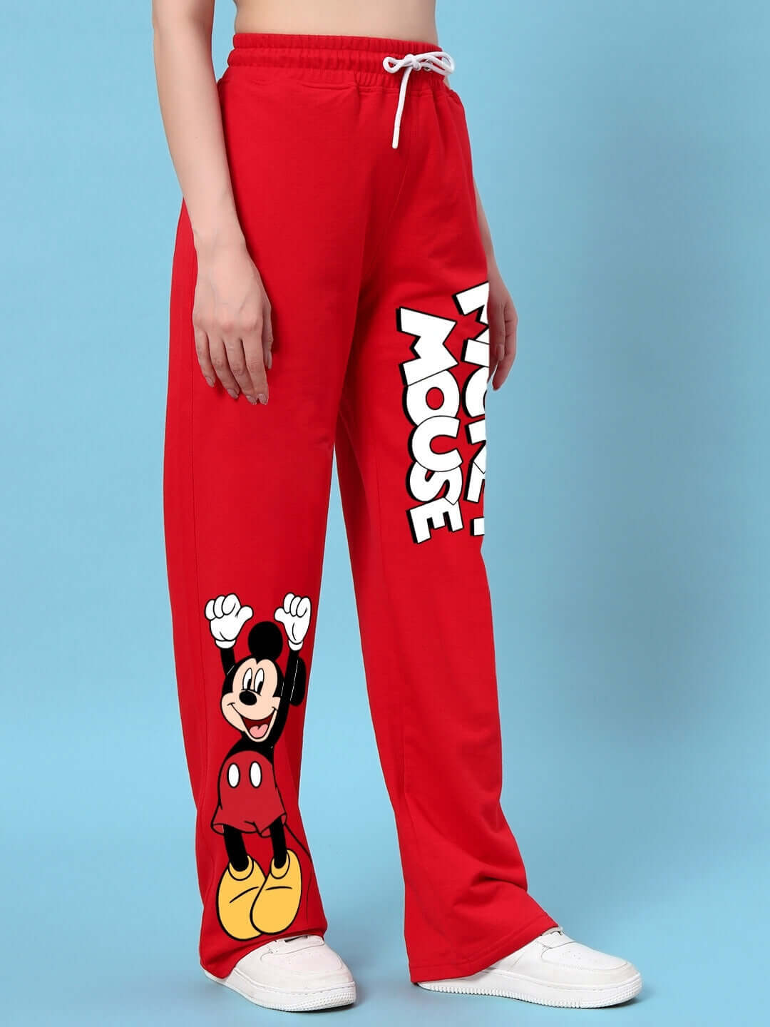 Red Women's Mickey Mouse Relaxed Fit Joggers by DUDS, featuring a playful print, adjustable waist, perfect for comfort and style.