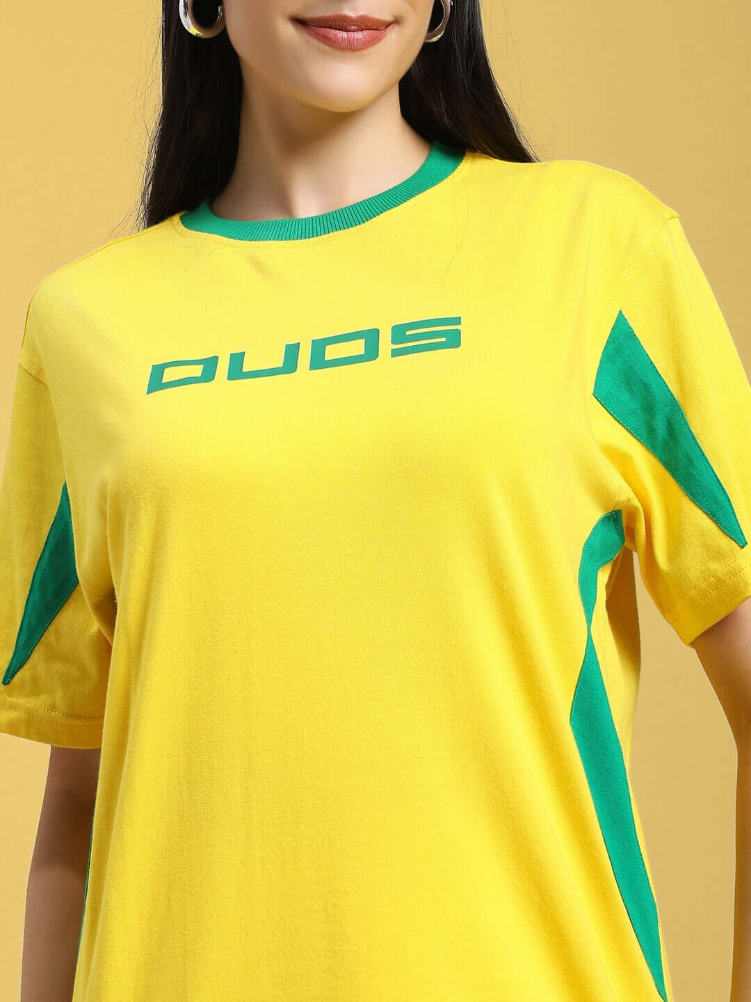Yellow-green women's regular fit t-shirt in heavy gauge 100% cotton, featuring bold design accents on sleeves, premium comfort wear.