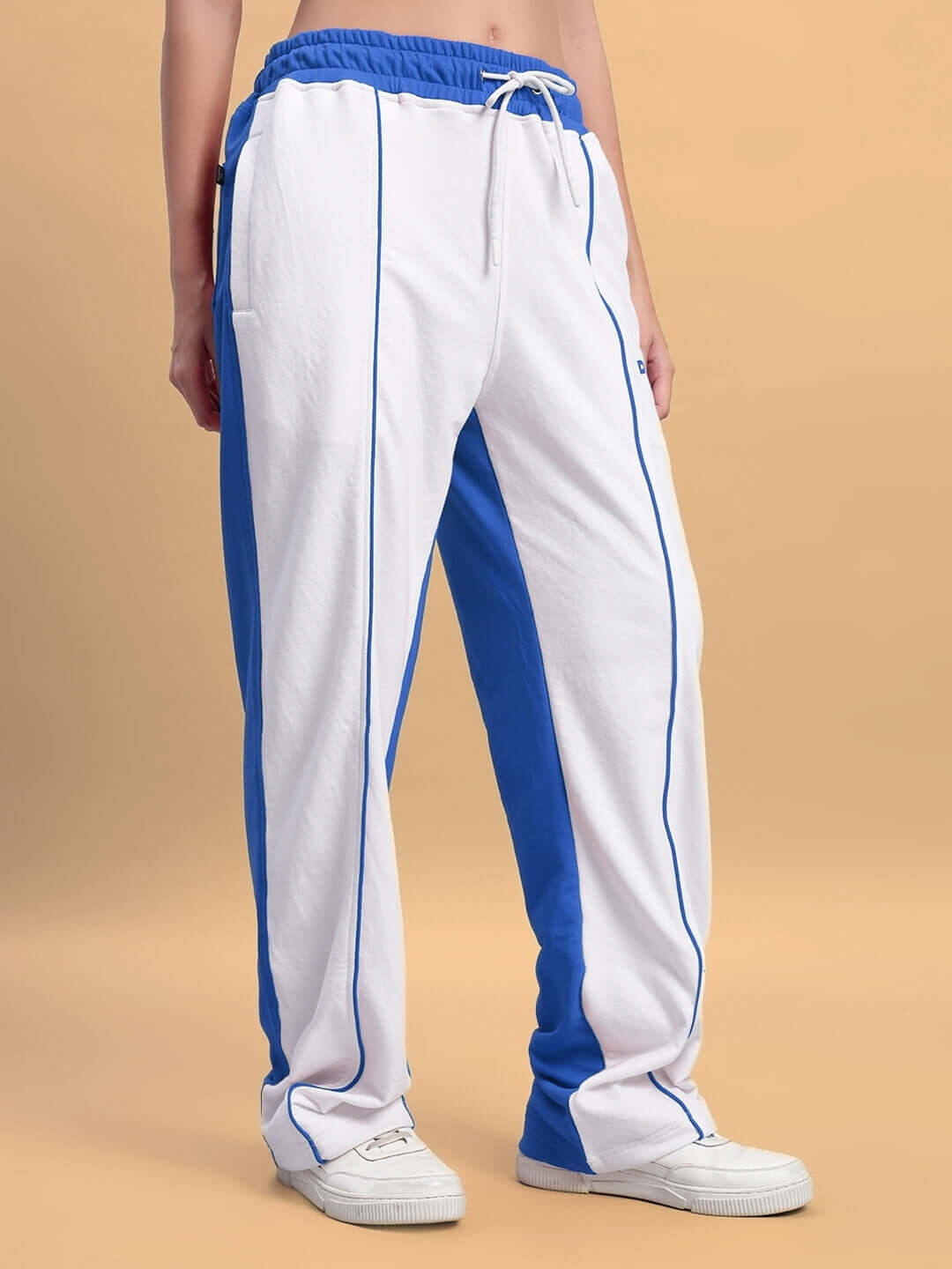 Women's Lagoon Relaxed Fit Joggers in white and blue with elastic waistband, made to order by DUDS Tailors for a custom fit.