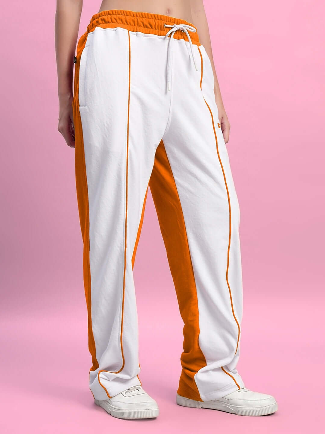 Women's Lagoon Relaxed Fit Joggers in White and Orange, featuring a comfortable design and customizable fit options from DUDS.