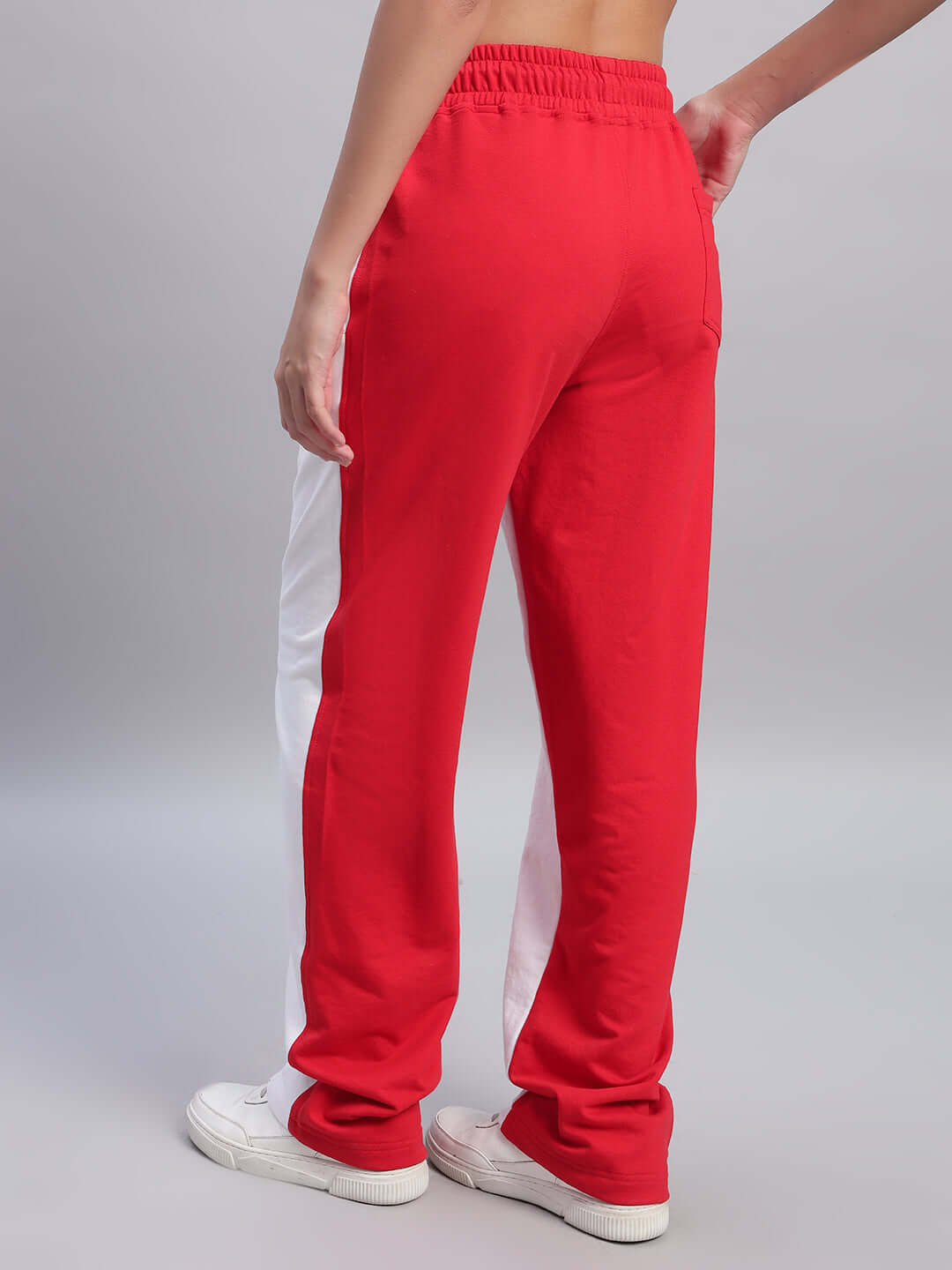 Back view of Women's Lagoon Relaxed Fit Joggers in white and red, showcasing comfortable fabric and elastic waistband by DUDS.