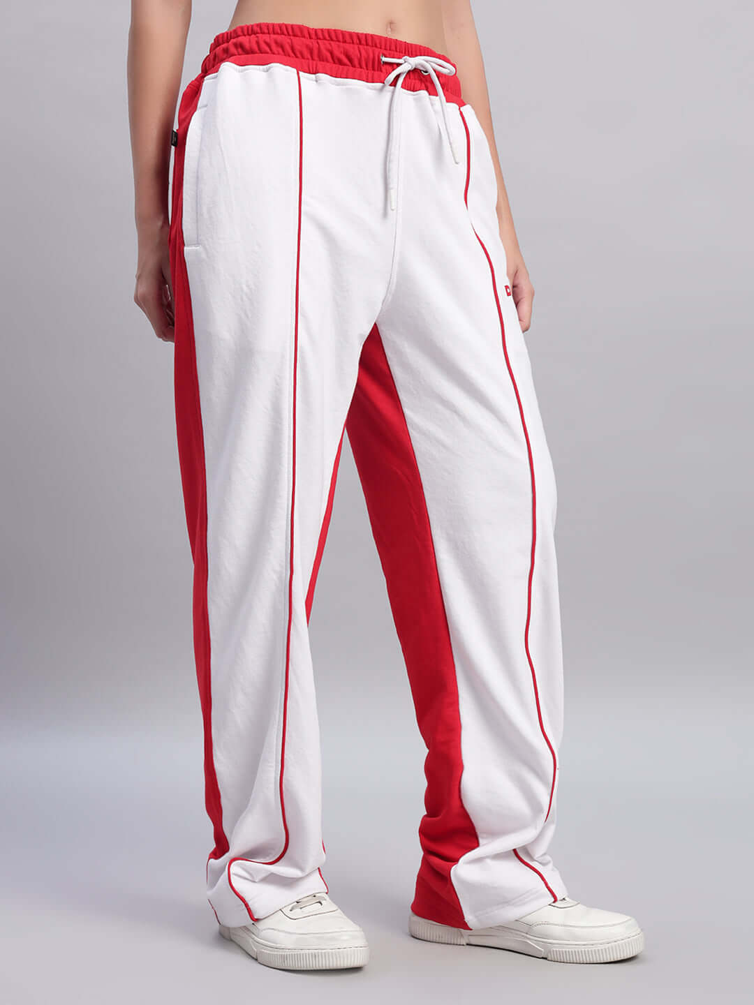 Women's white red relaxed fit joggers with customizable size option, designed by DUDS for comfortable wear.