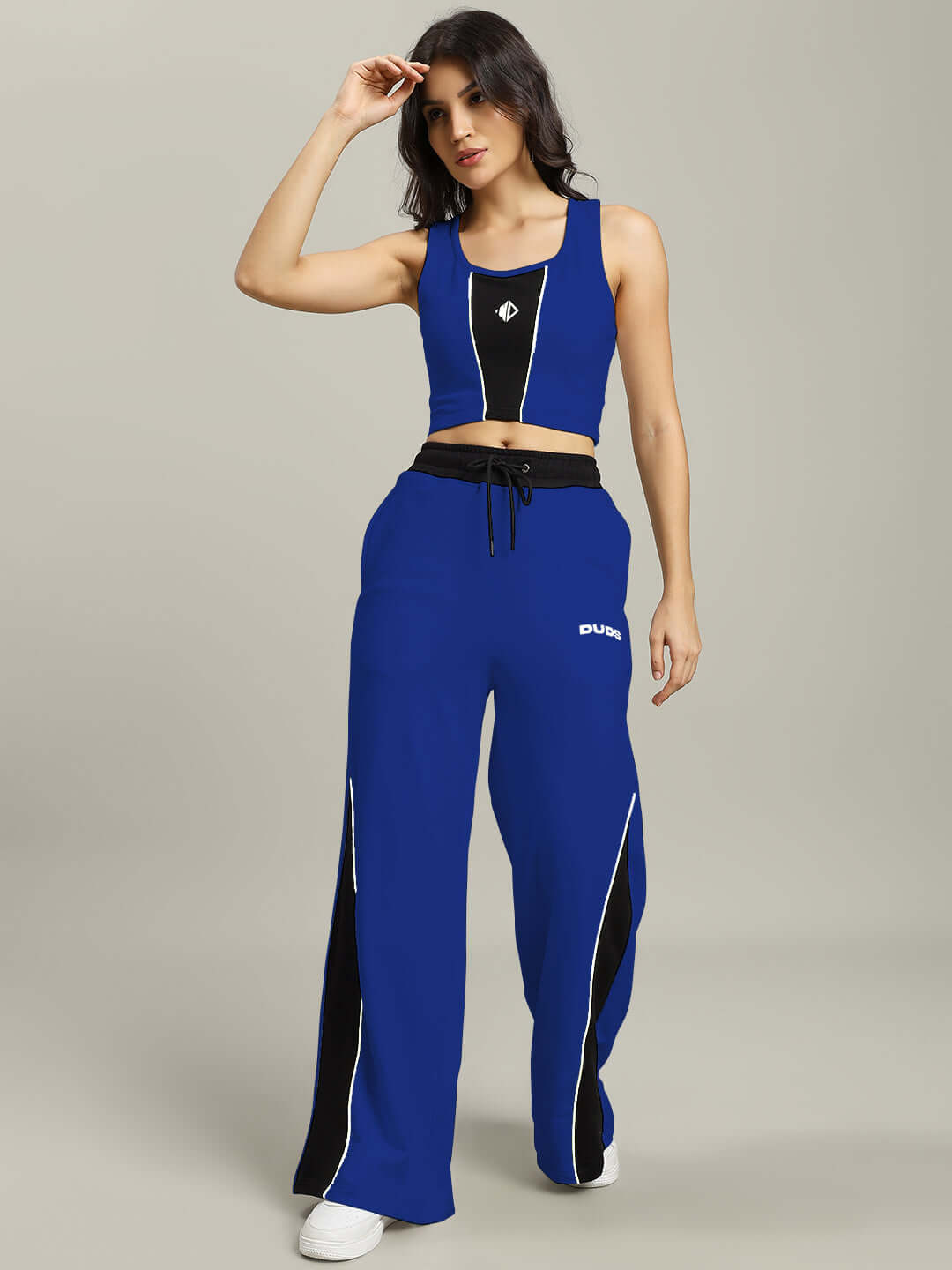 Women's Larissa Co-ord Set in royal blue and black, featuring a sleeveless top and wide-leg pants, made from premium cotton fabric.