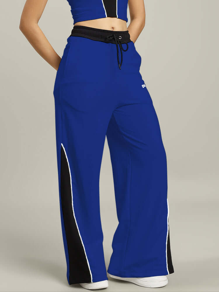 Women's Larissa wide ankle relaxed-fit joggers in royal blue and black, featuring custom fit option, made to order by DUDS.