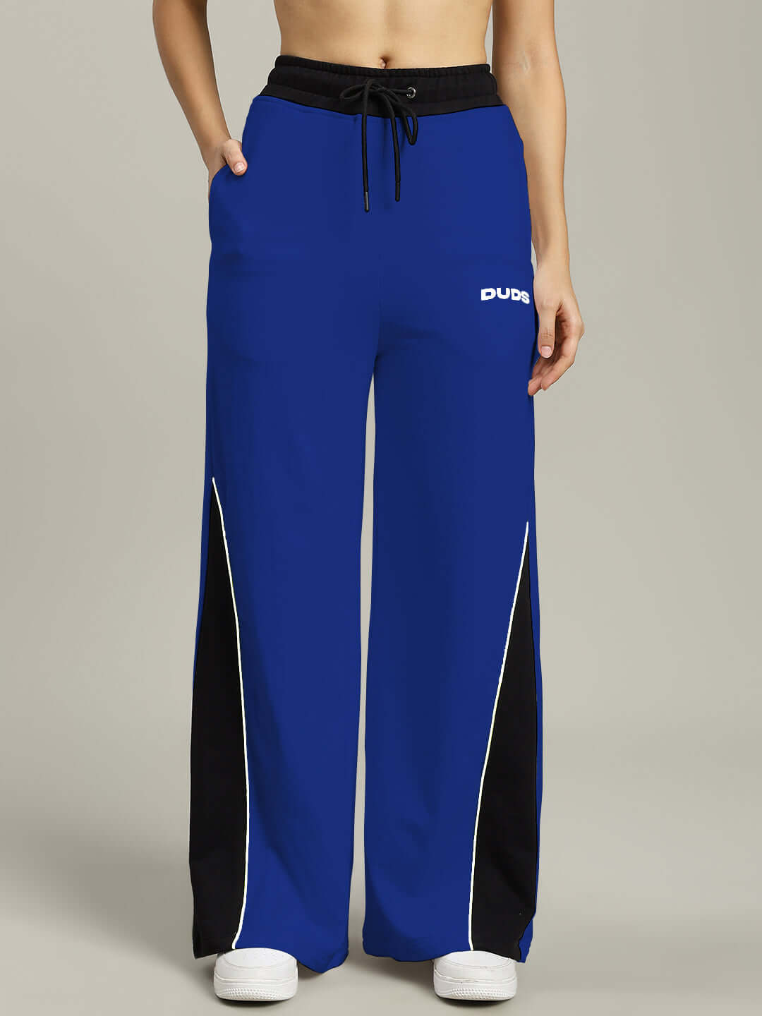 Women's blue-black relaxed-fit joggers by DUDS, wide ankle, customizable size option.