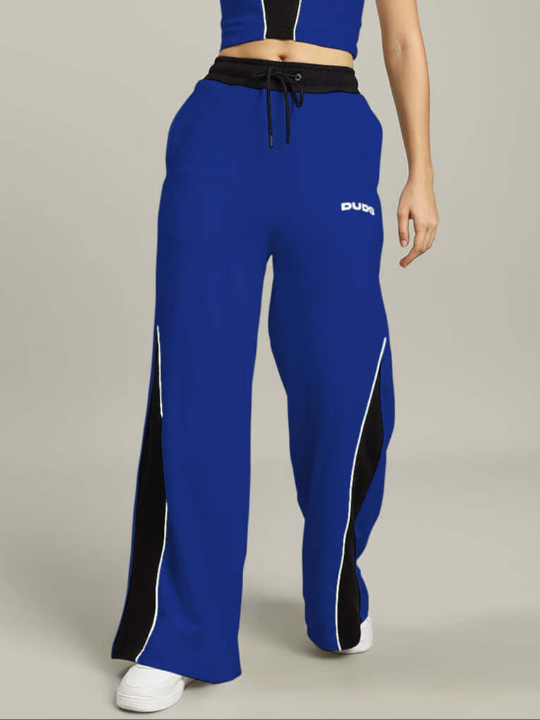Women's Larissa Wide Ankle Relaxed-Fit Joggers in Blue and Black by DUDS, featuring a comfortable fit with customizable sizing options.