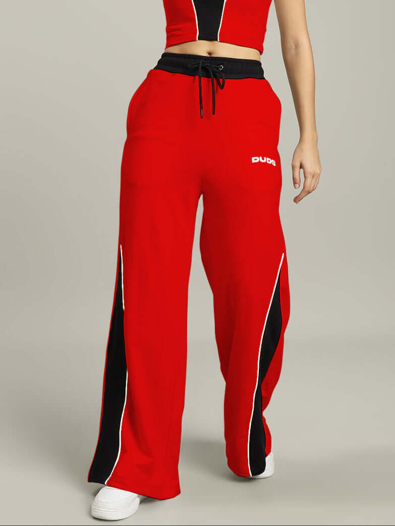 WOMENS LARISSA WIDE ANKLE RELAXED-FIT JOGGERS RED-BLACK with bold color contrast for stylish comfort and versatility.