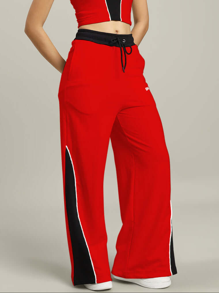 WOMENS LARISSA WIDE ANKLE RELAXED-FIT JOGGERS RED-BLACK with bold red and black contrast, perfect for stylish comfort.
