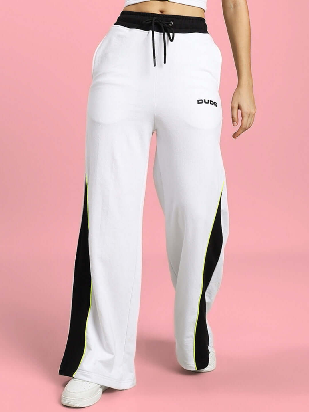 Women's Larissa Wide Ankle Joggers in White-Black by DUDS, relaxed-fit with drawstring waist, custom fit option available, made to order