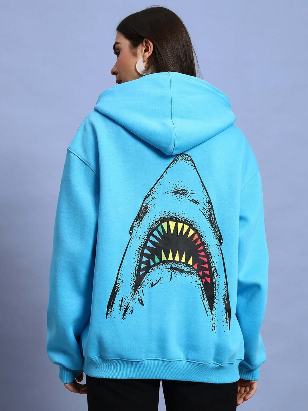 WOMEN SHARKWAVE FLEECE OVERSIZED HOODIE LIGHT BLUE featuring a bold shark design on the back, perfect blend of comfort and style.