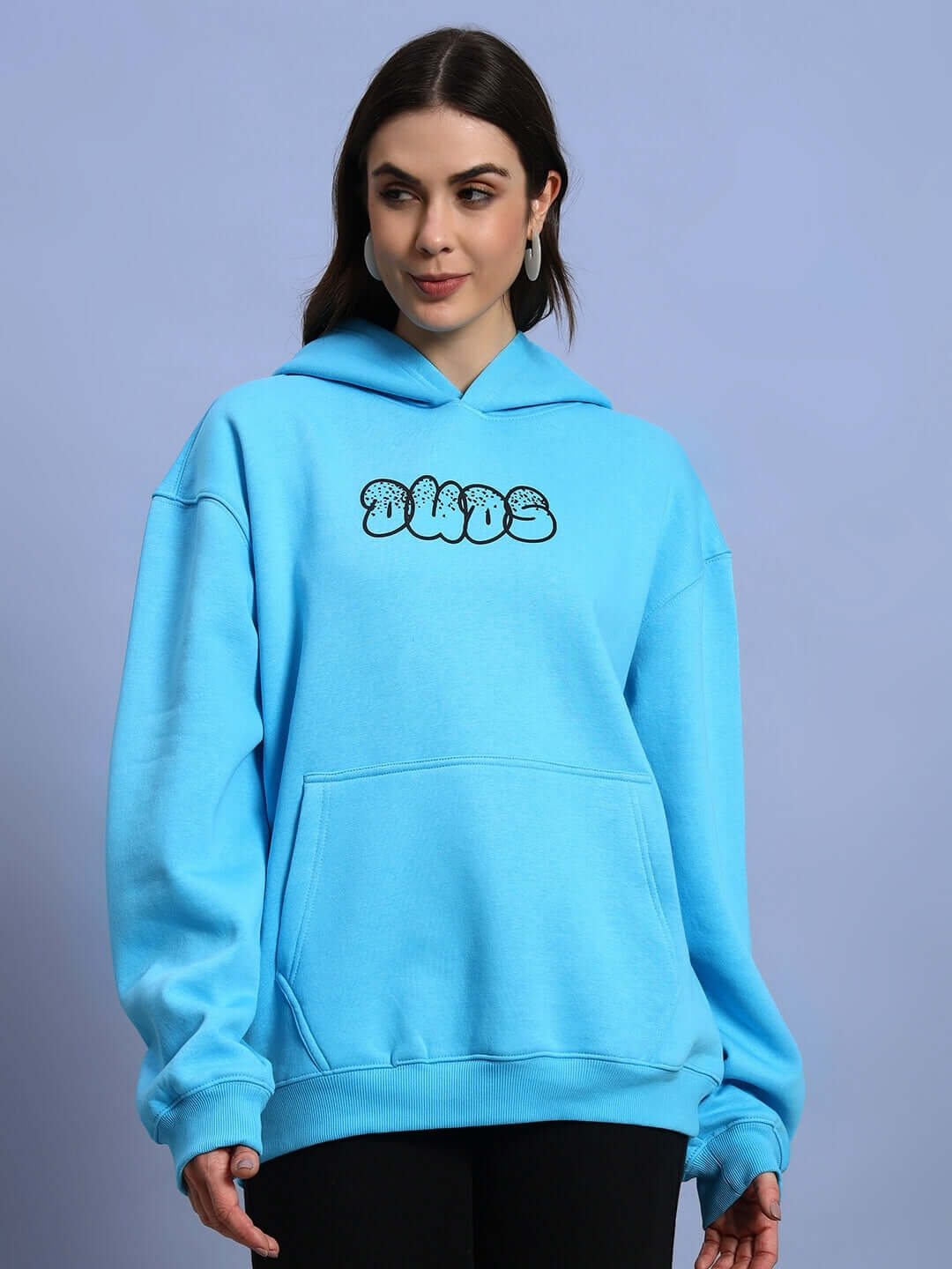 WOMEN SHARKWAVE FLEECE OVERSIZED HOODIE LIGHT BLUE worn by model, showcasing cozy and chic style.