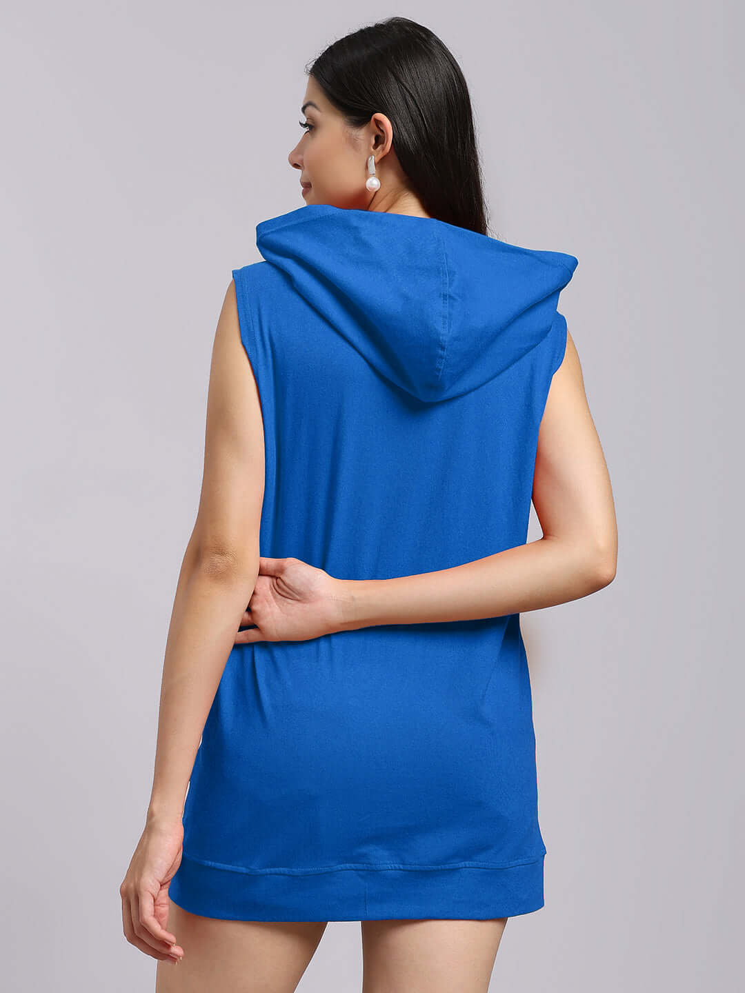 Woman wearing blue Women's Live Fit Gym Hooded T-Shirt, showcasing back view with a comfortable, sporty design.