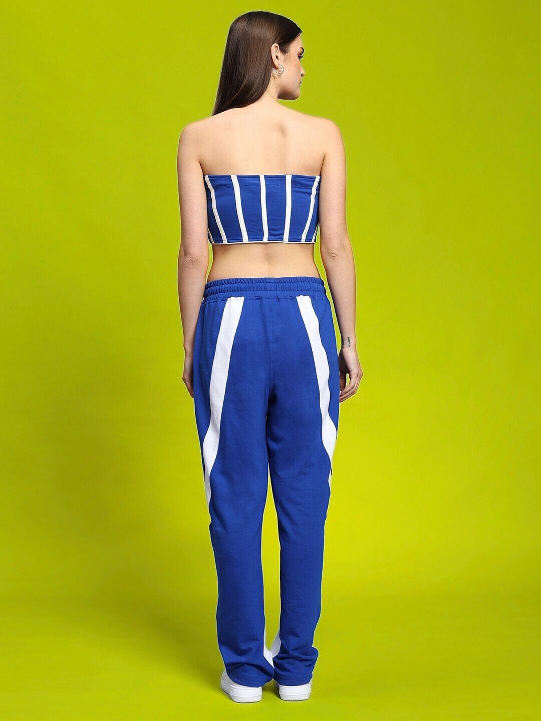 Back view of WOMEN'S LIVIANA COOL CO-ORD SET BLUE-WHITE in striking streetwear style