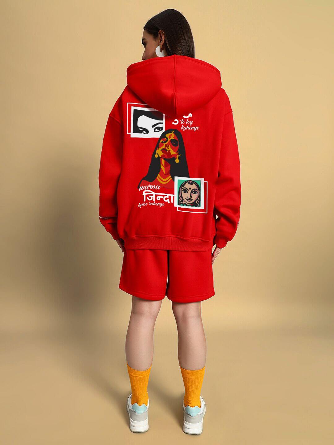 Back view of woman wearing WOMENS A LOOK ATTITUDE FLEECE CO-ORD RED, showcasing bold graphic design on hoodie.