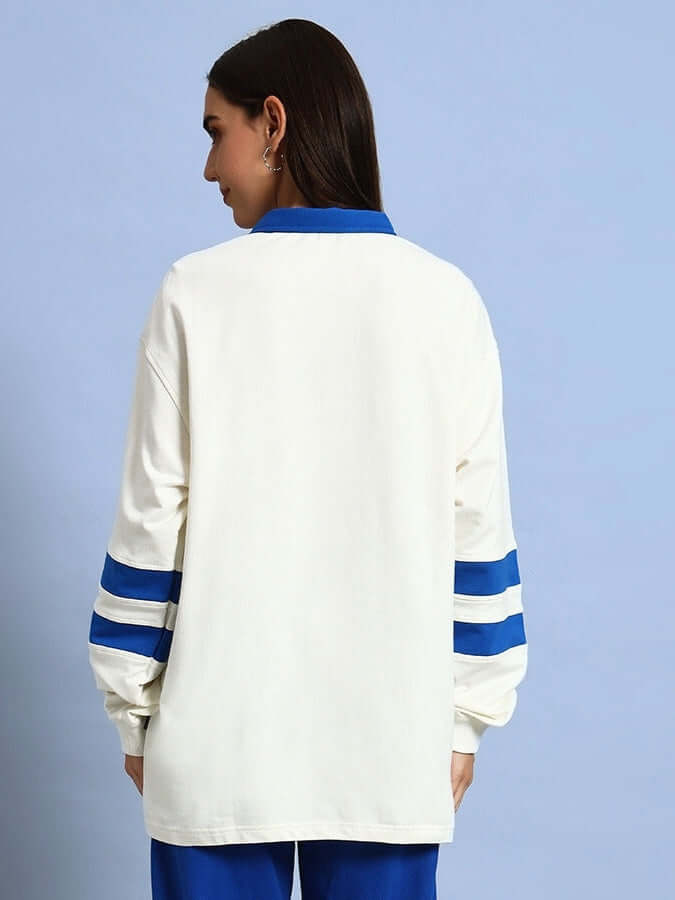 Back view of Women's Love Dreams Oversized Sweatshirt in off white with royal blue stripes, made of premium cotton fabric.