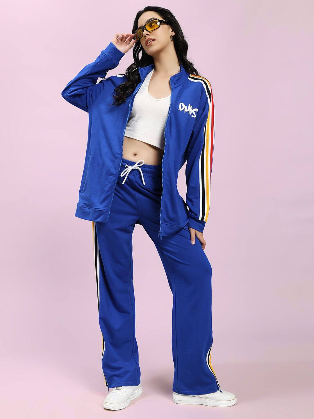 WOMEN MODERN EDGE MULTI-STRIPE JACKET ROYAL BLUE with sporty sophistication and bold street style, perfect for a statement look.