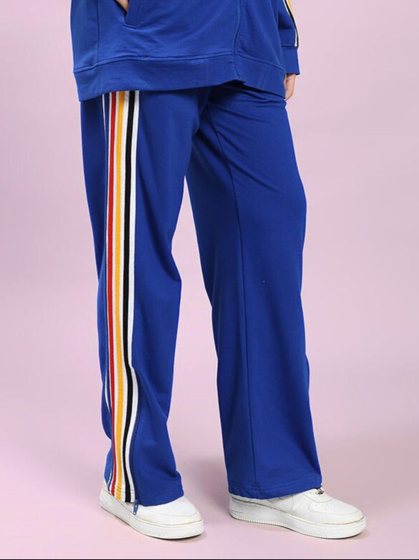 Women's Modern Edge Multi-Stripe Jogger Royal Blue with colorful side stripes for style and comfort.