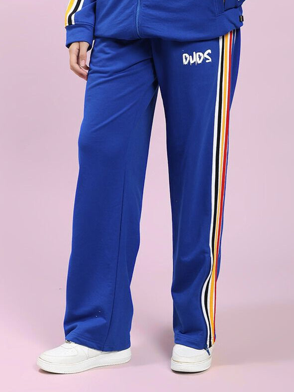 WOMEN'S MODERN EDGE MULTI-STRIPE JOGGER ROYAL BLUE with colorful side stripes, perfect for style and comfort in workouts or casual settings.