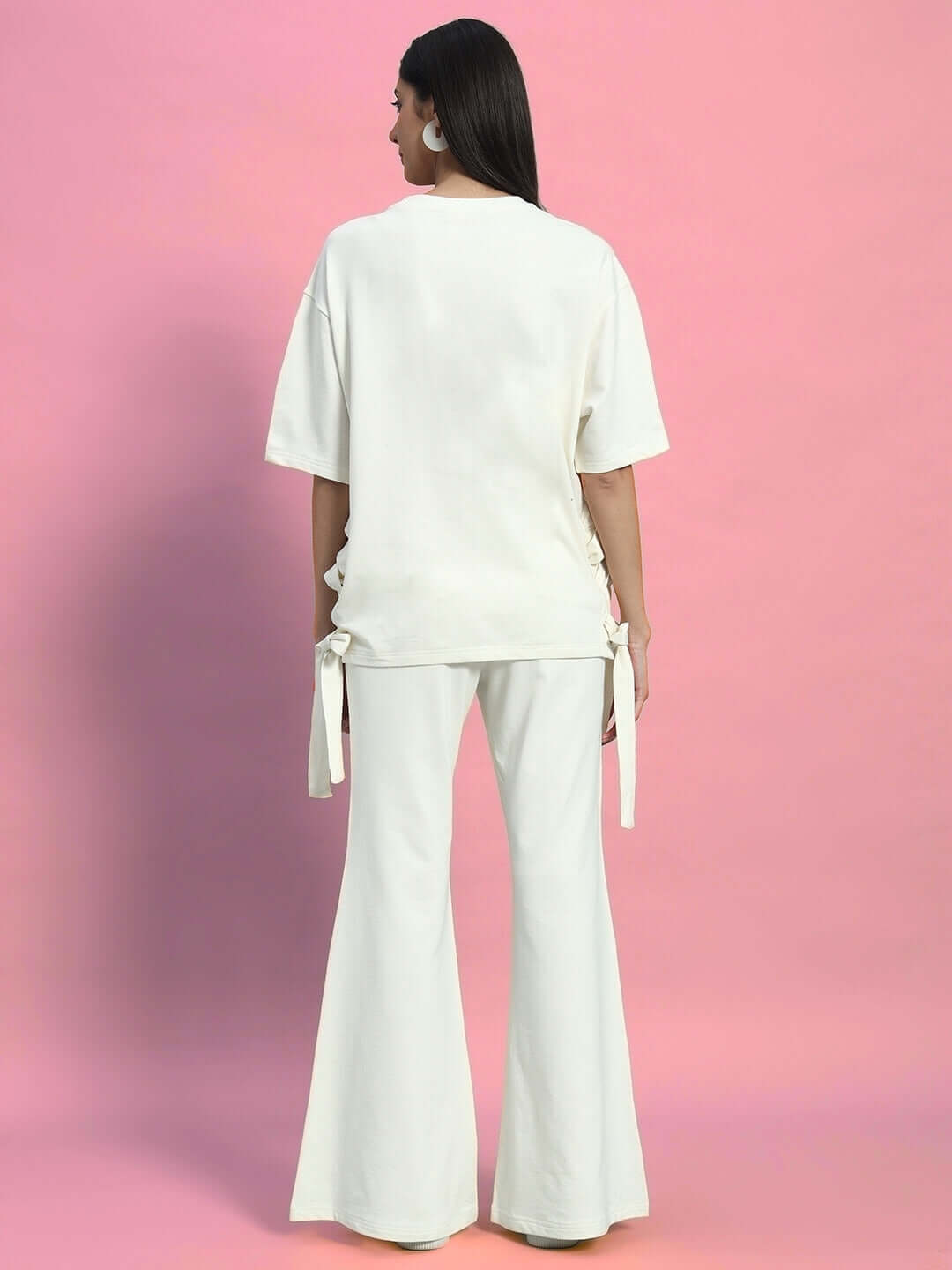 Women's Moon Night Co-Ord Set in off-white, showcasing back view with relaxed fit and ties, crafted from premium cotton blend.