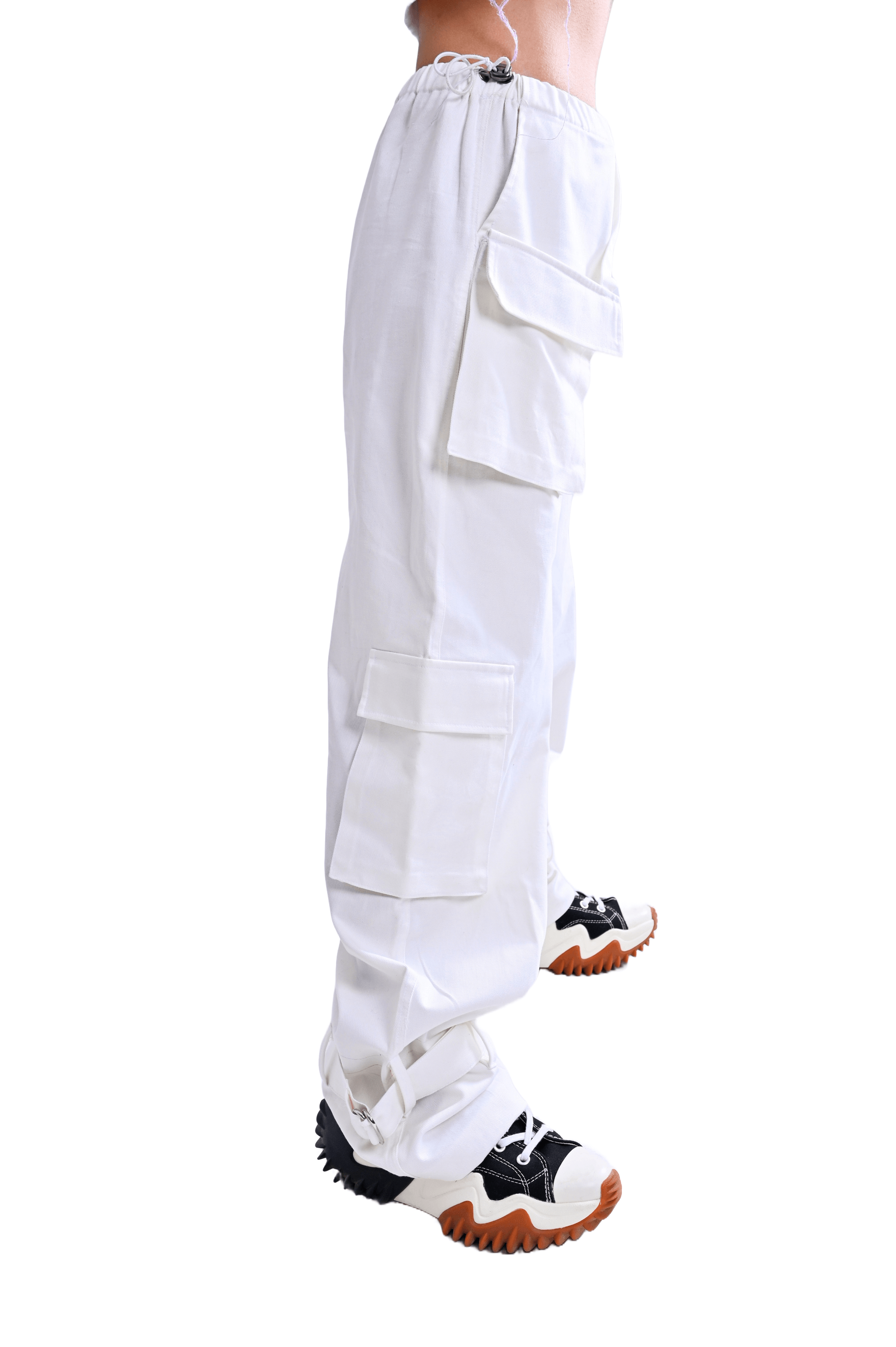 Side view of WOMENS MOON WHITE CARGO PANTS WHITE showcasing pockets and trendy design
