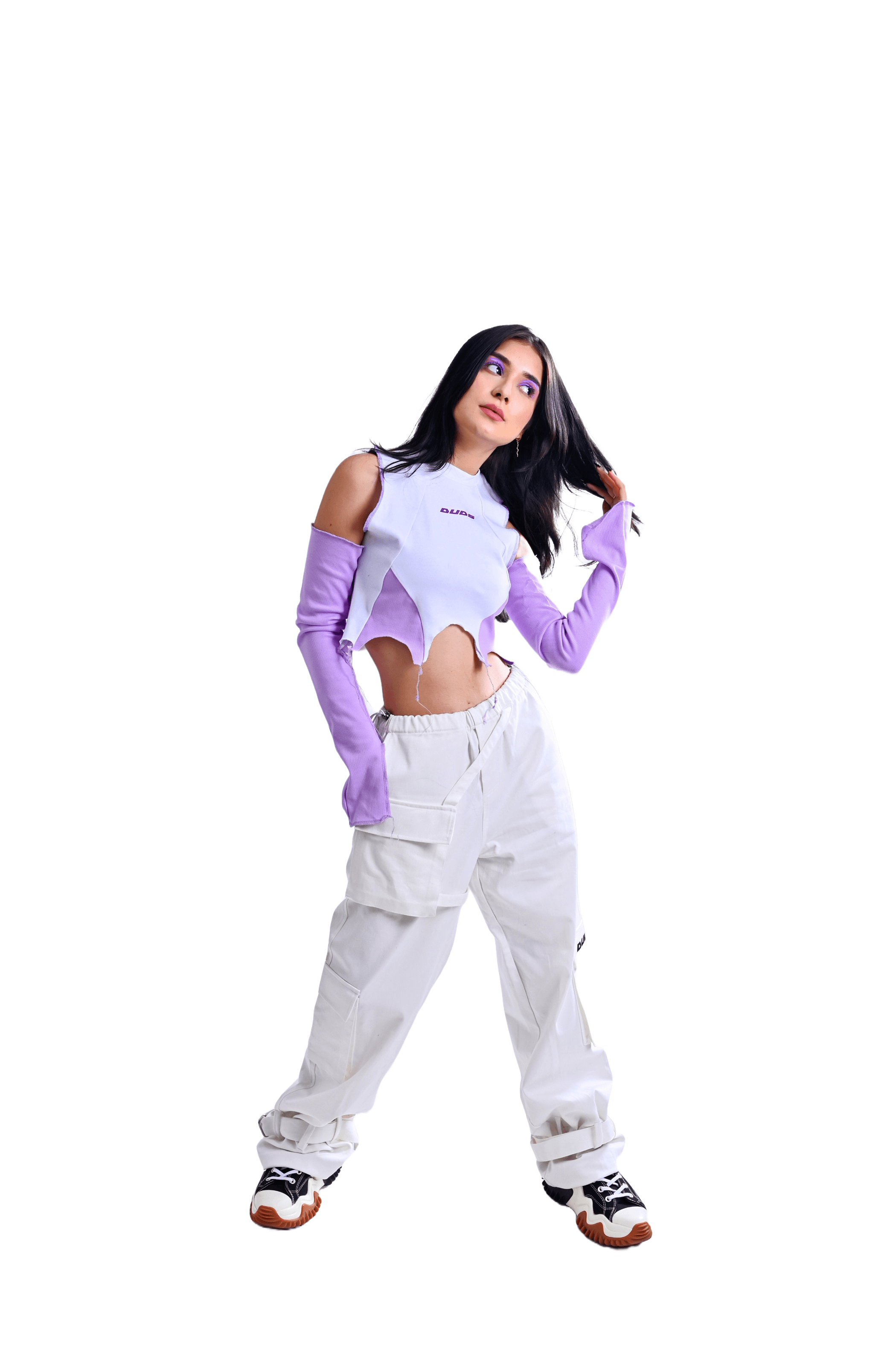 Model wearing WOMENS MOON WHITE CARGO PANTS WHITE with a stylish top and sneakers, showcasing streetwear fashion.