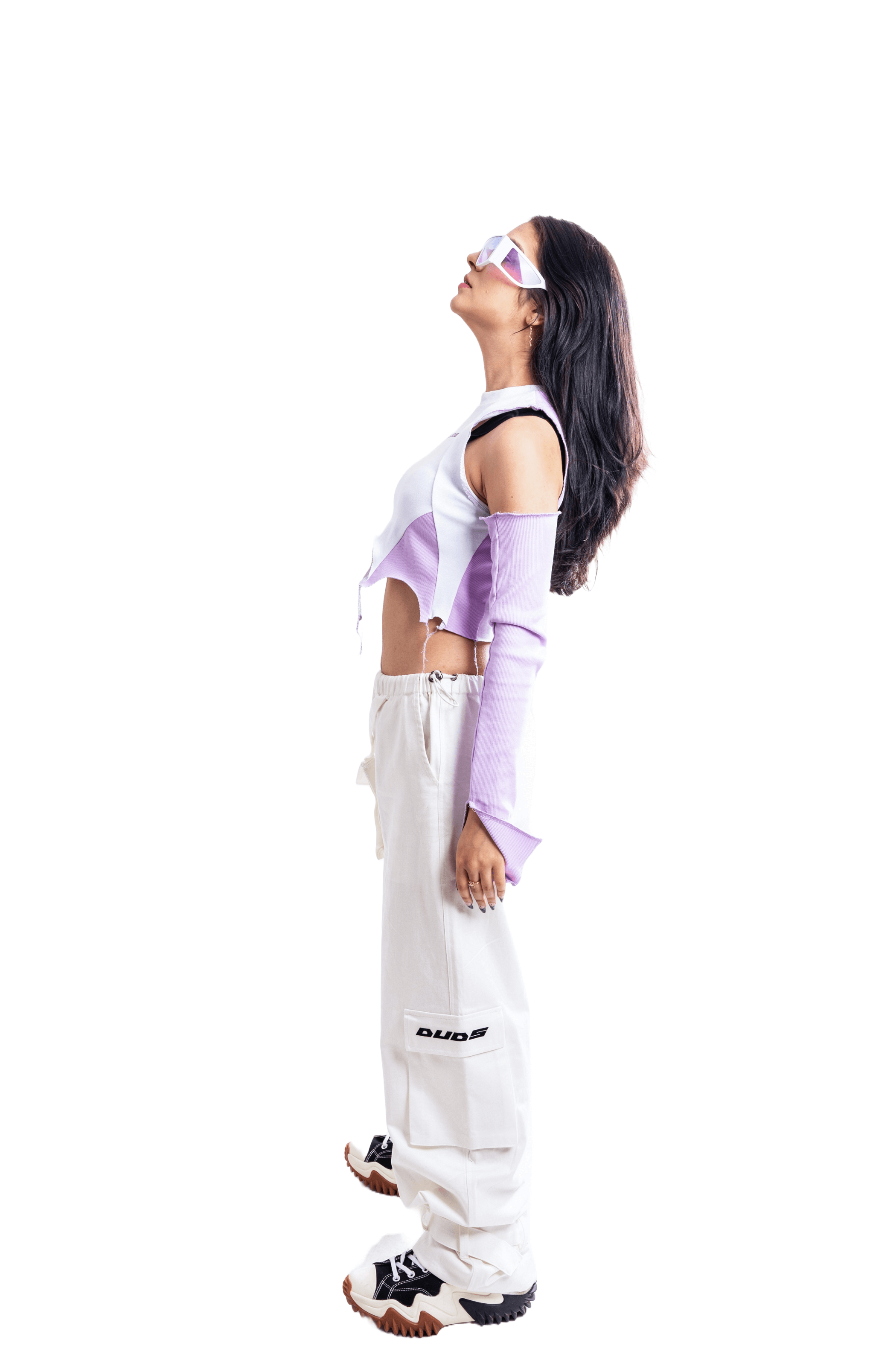 Woman wearing WOMENS MOON WHITE CARGO PANTS WHITE styling with a cropped top and sunglasses in a side profile