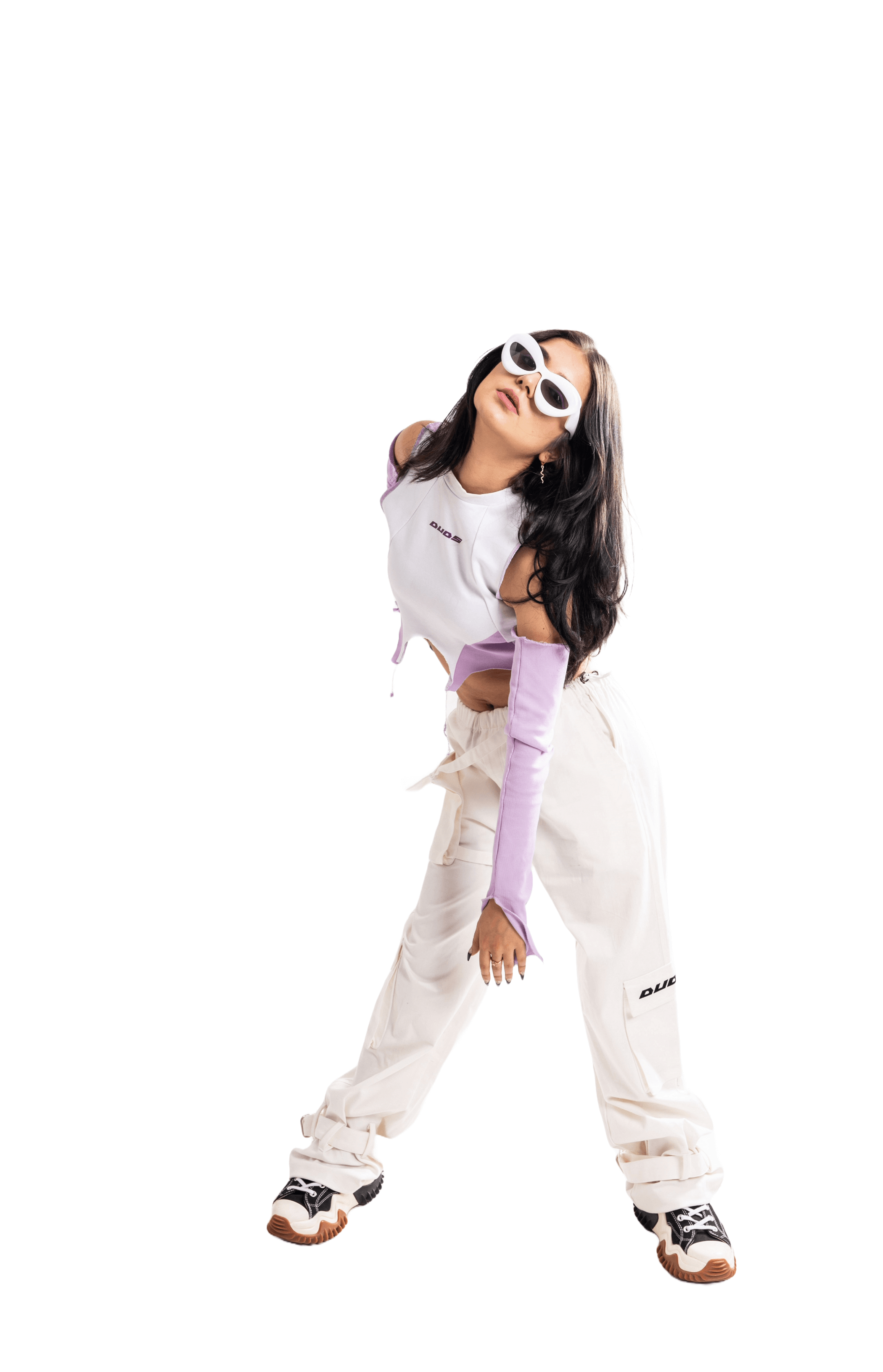 Model wearing WOMENS MOON WHITE CARGO PANTS WHITE with sunglasses and a casual top, showcasing modern streetwear style.