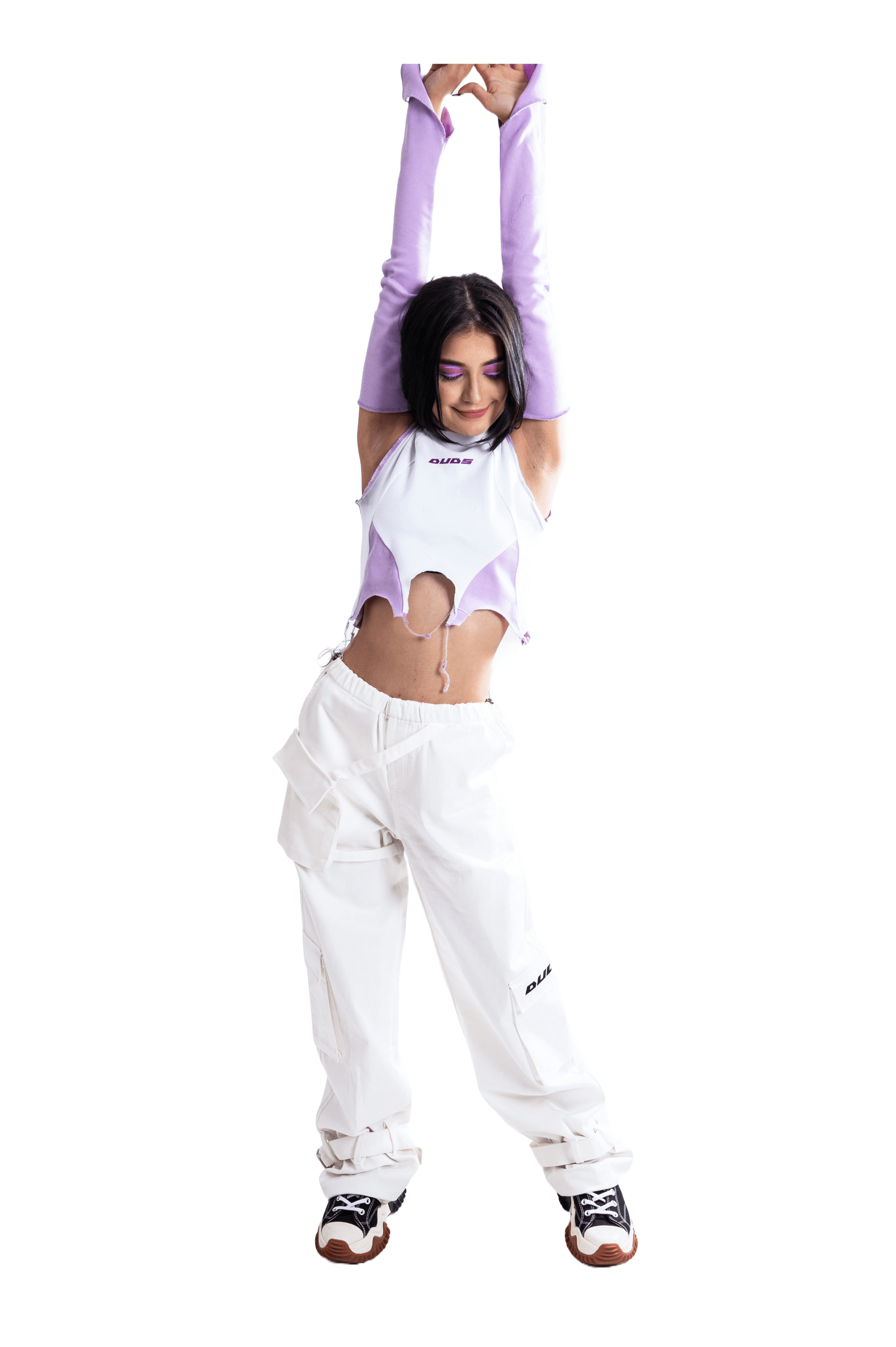 Model wearing WOMENS MOON WHITE CARGO PANTS WHITE with cropped top, showcasing streetwear style.