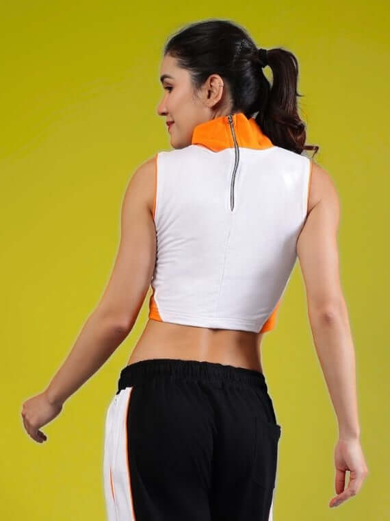 Back view of WOMEN'S MYSKY CROP-TOP WHITE ORANGE from WEAR DUDS, showcasing vibrant style and comfort in breathable cotton-blend fabric.