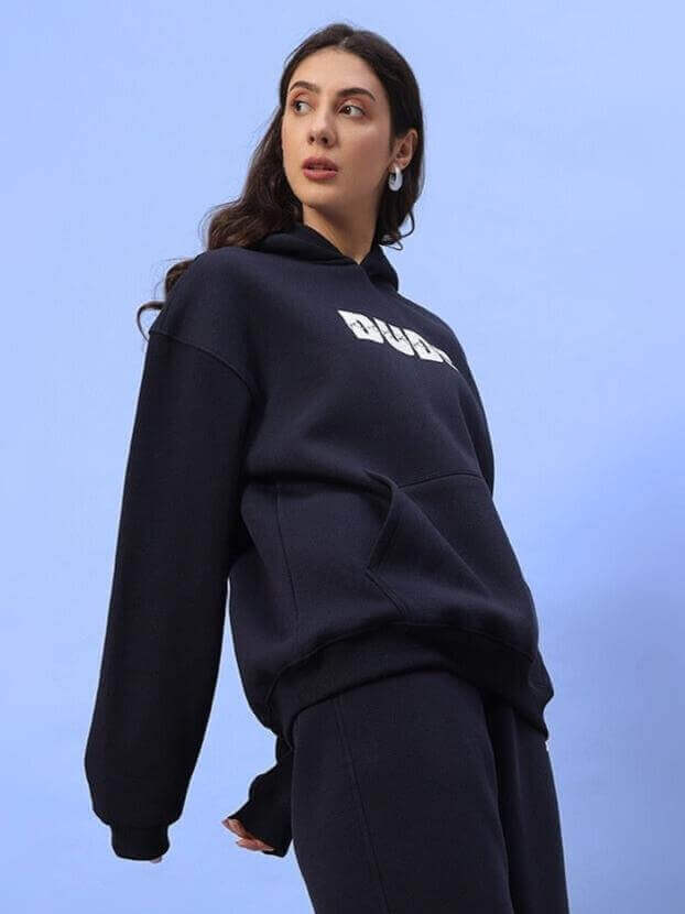 Navy blue women's fleece co-ord for Fight Night, showcasing a cozy hoodie and matching bottoms, perfect for casual wear.