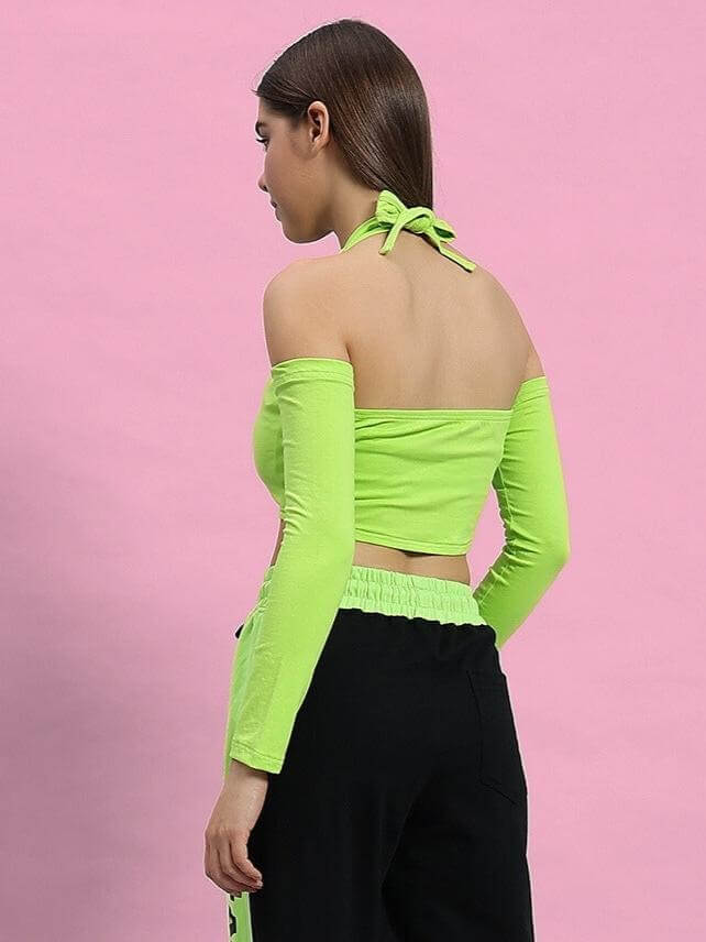 Back view of WOMEN CLUTCH CROP-TOP NEON GREEN featuring a stylish design for bold fashion statements.