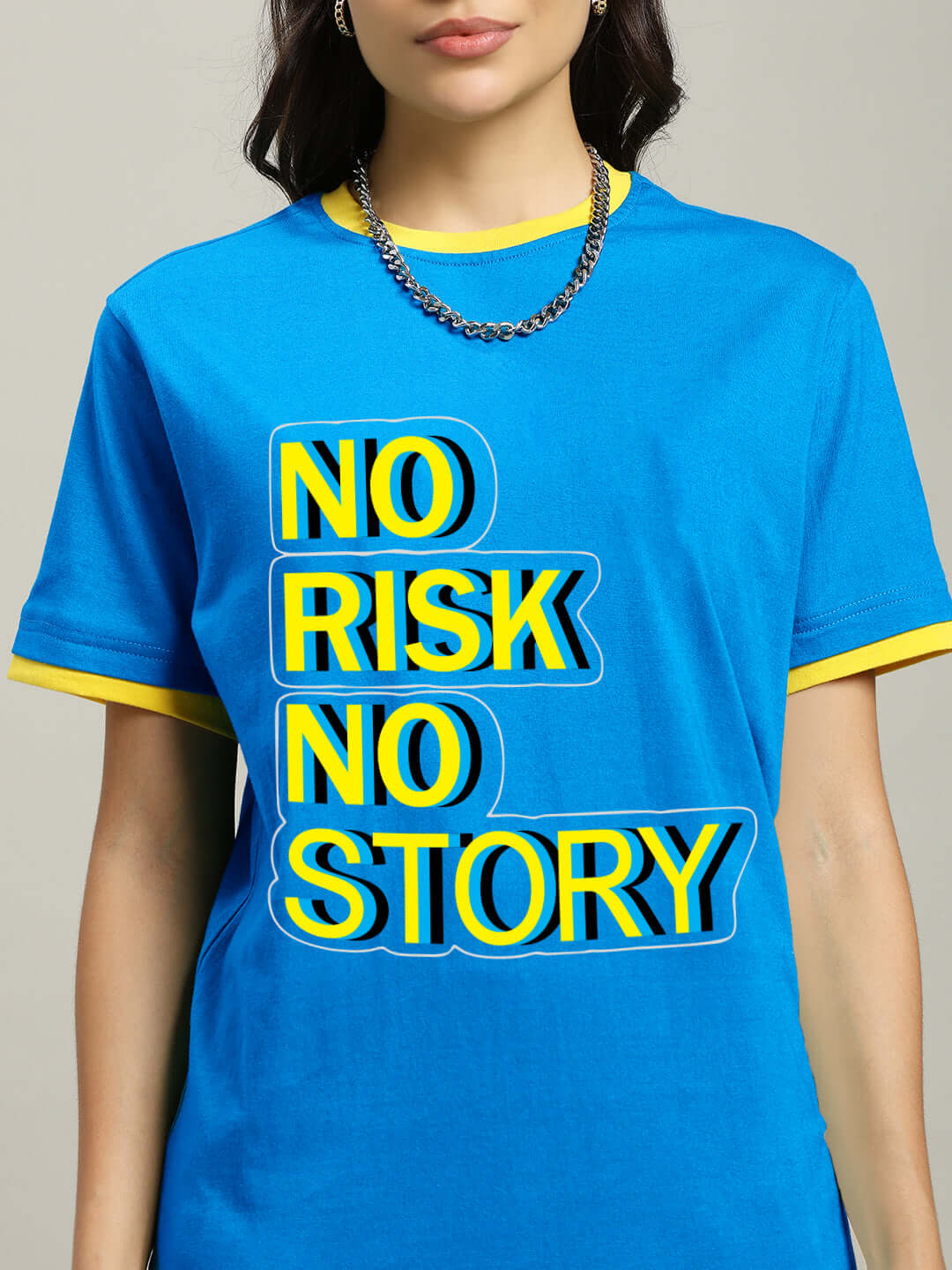 Women's blue t-shirt with 'No Risk No Story' text, regular fit, 100% cotton, perfect for casual wear.