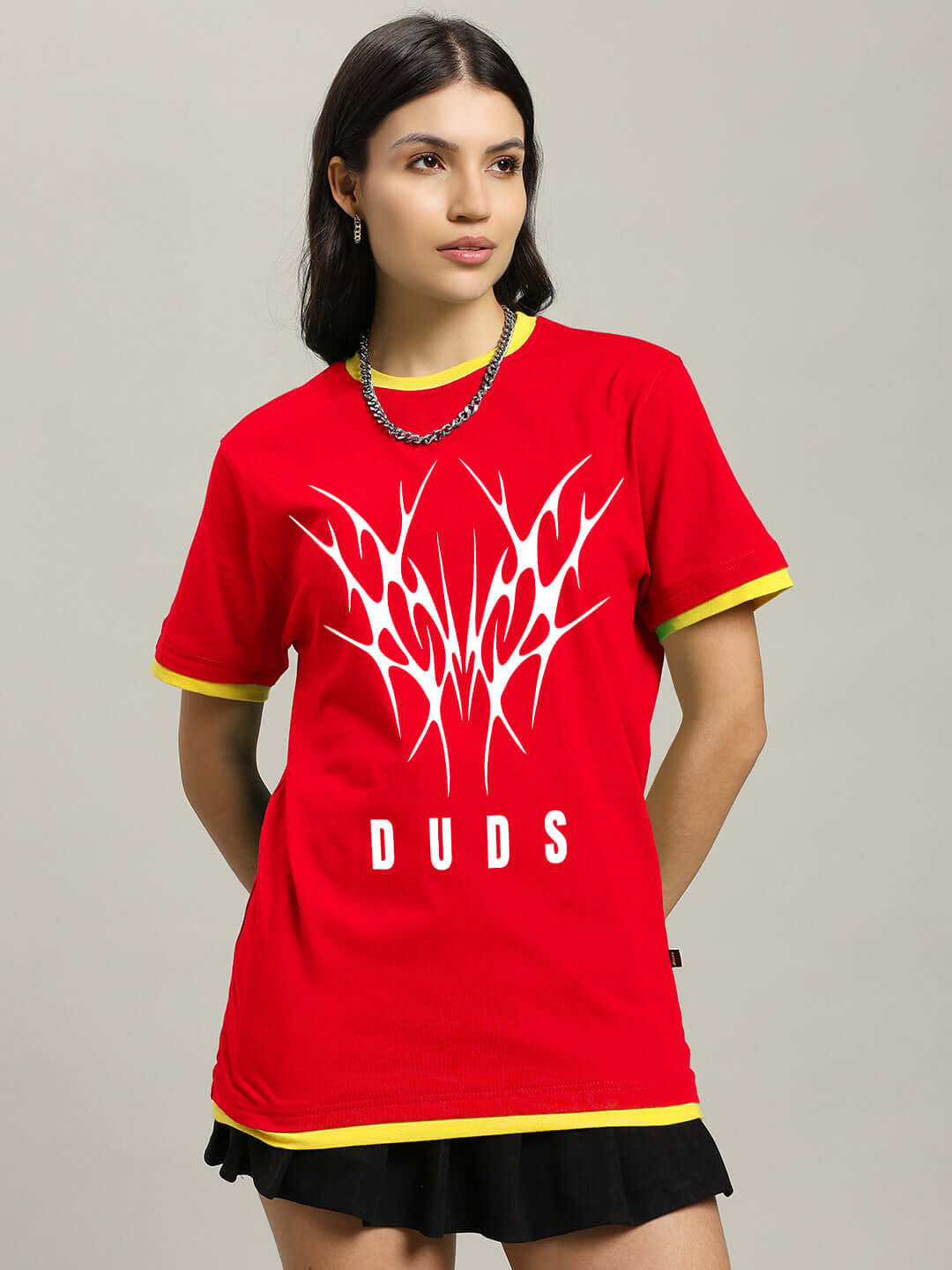 Woman wearing Women's Noriba Regular Fit Red T-Shirt, 100% Cotton, Bio-washed, front design graphic, styled with a skirt.