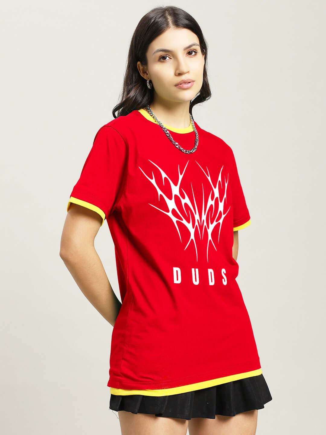 Model wearing Women's Noriba Regular Fit Red T-Shirt, 100% cotton, 220 GSM fabric, India made, showcasing stylish design.