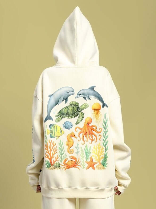 Rear view of WOMEN OCEAN BUDDIES OVERSIZED FLEECE HOODIE OFF-WHITE with ocean-themed print