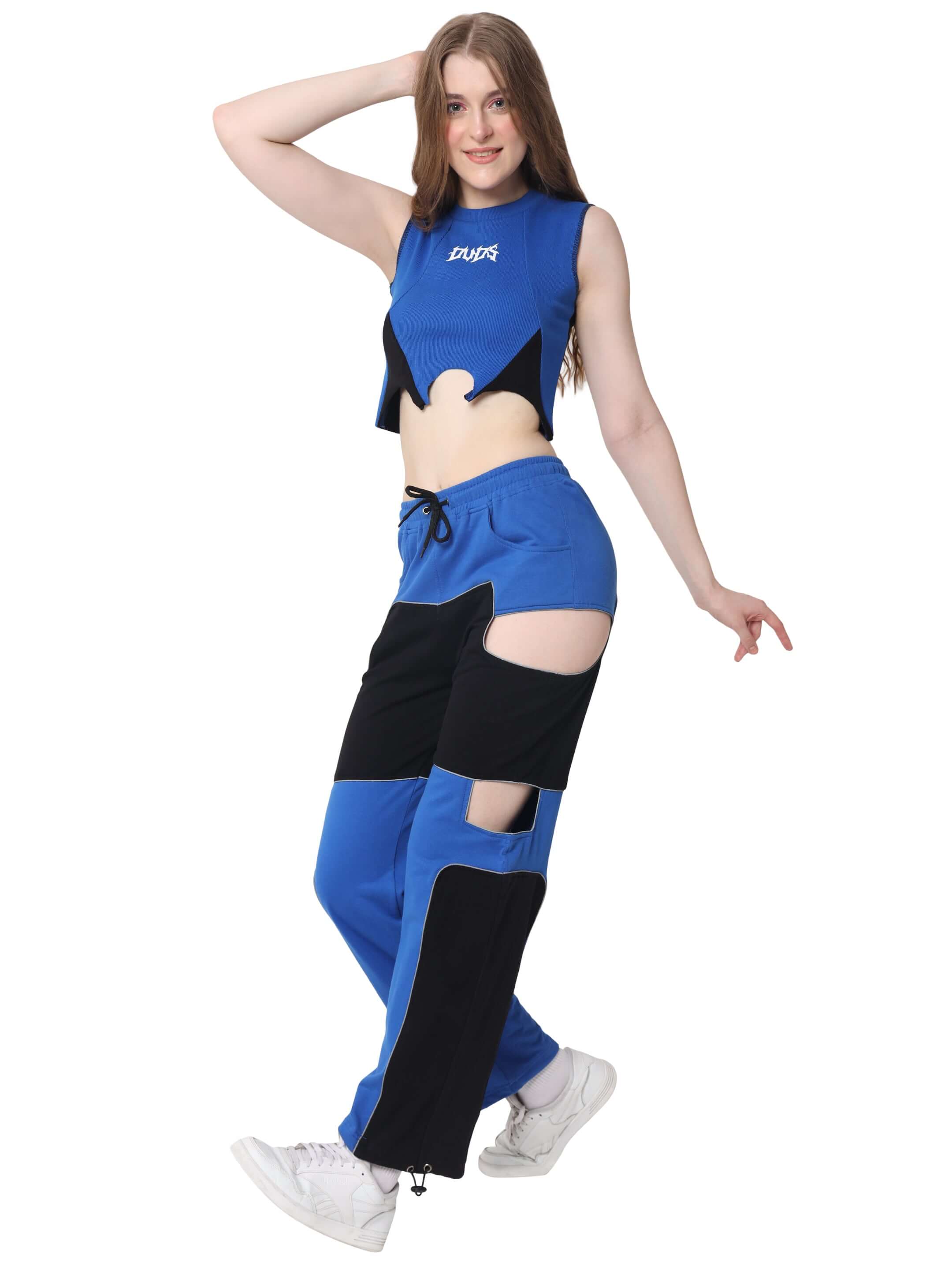 Women's blue Oddy Co-ord Set in premium cotton, featuring stylish cut-out details and reflective design. Cold machine wash recommended.