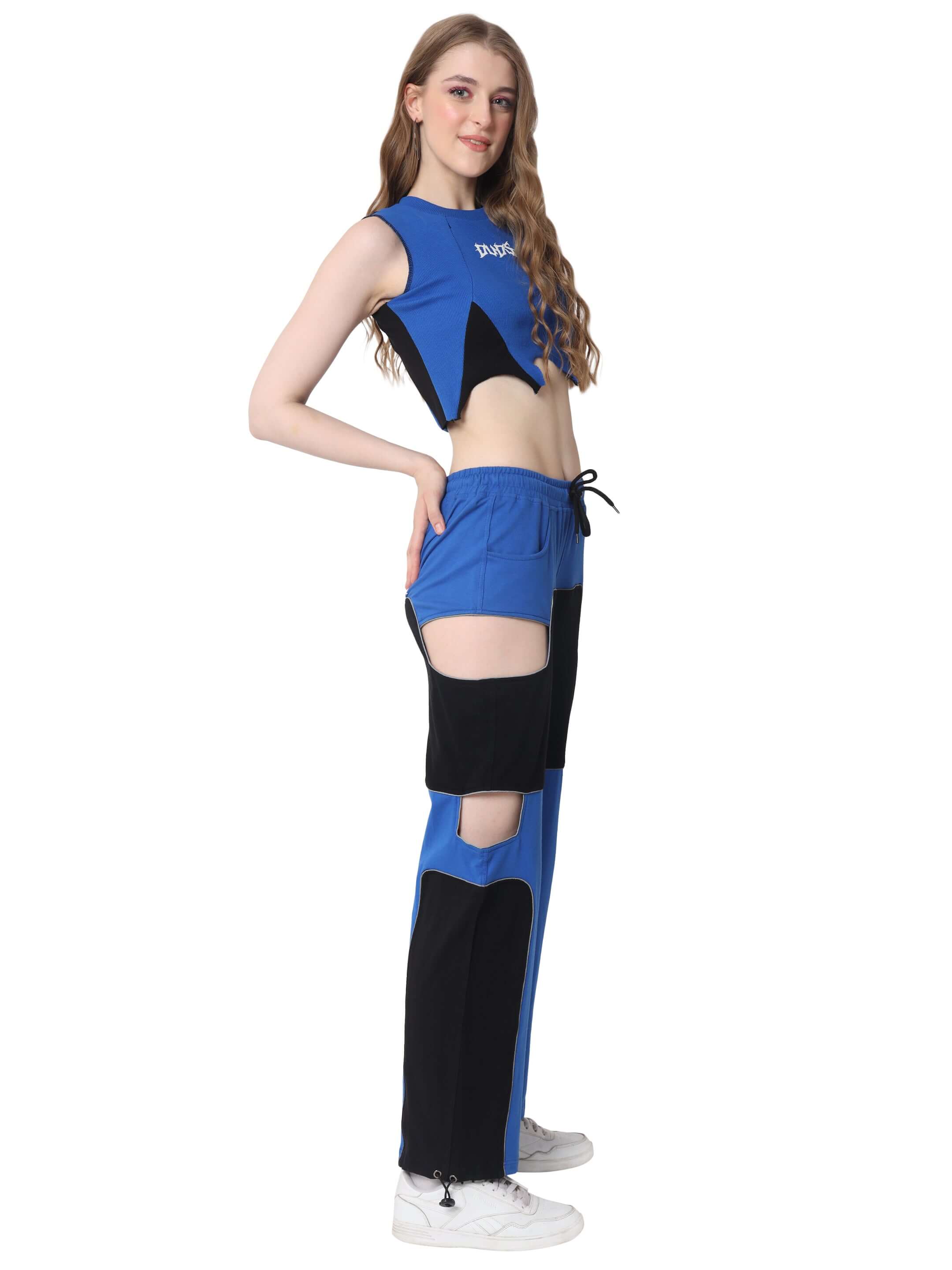 Model wearing Women's Oddy Co-Ord Set in blue and black, featuring premium cotton fabric. Ideal for stylish, modern fashion enthusiasts.