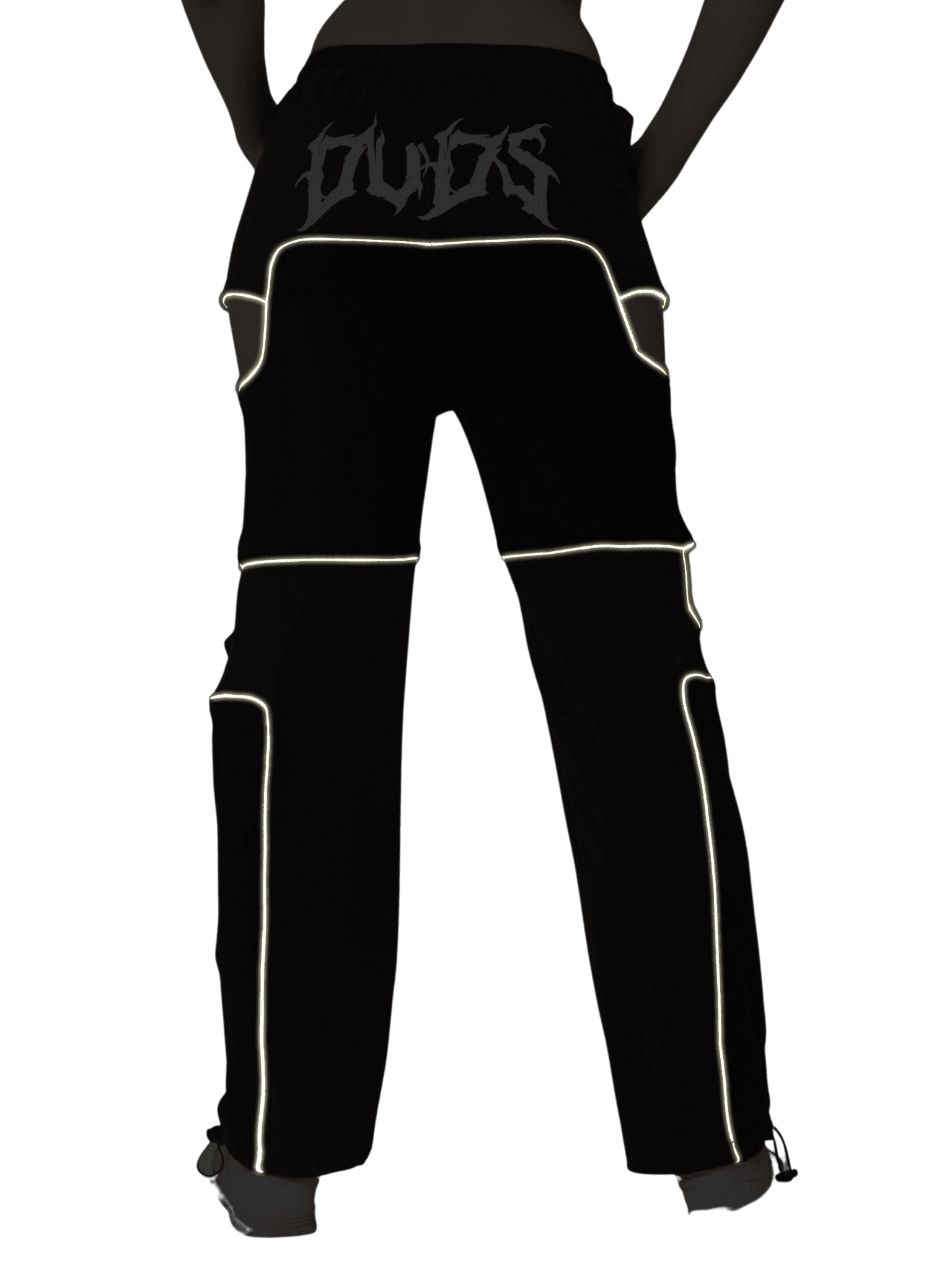 Back view of black pants with reflective piping details