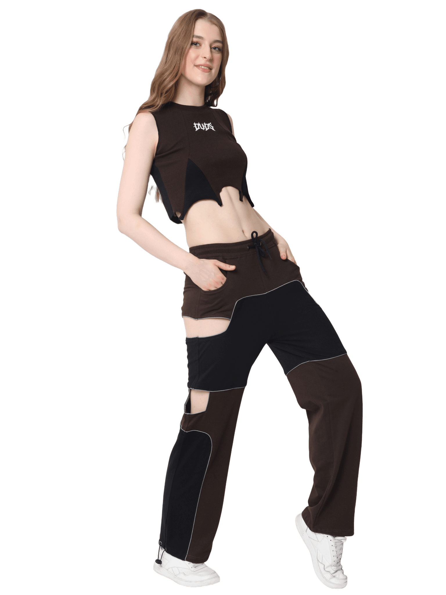 Model wearing WOMEN'S ODDY COTTON CO-ORD SET BROWN with a stylish and comfortable fit, showcasing modern minimalist fashion.