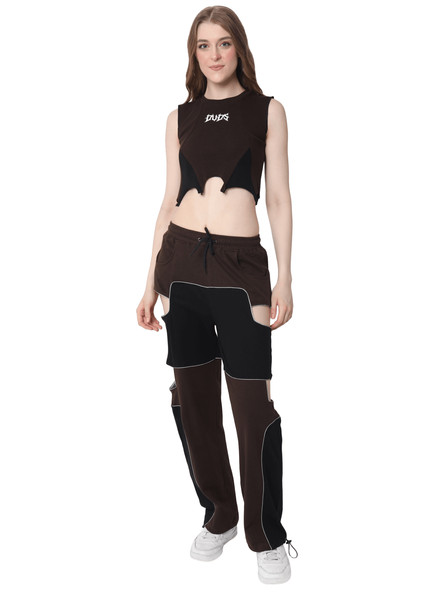 Model wearing WOMEN'S ODDY COTTON CO-ORD SET BROWN, featuring a minimalist design with earthy charm and modern style.