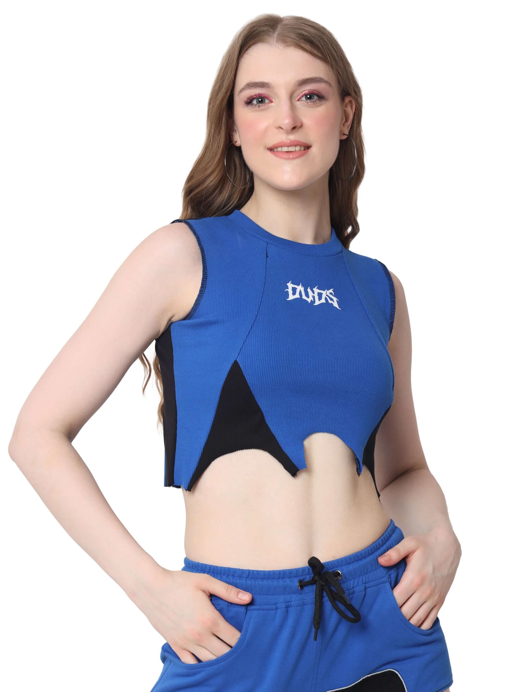 Model wearing WOMEN'S ODDY CO-ORD SET in blue, featuring premium cotton fabric and stylish design. Ideal for casual wear. Cold machine wash.