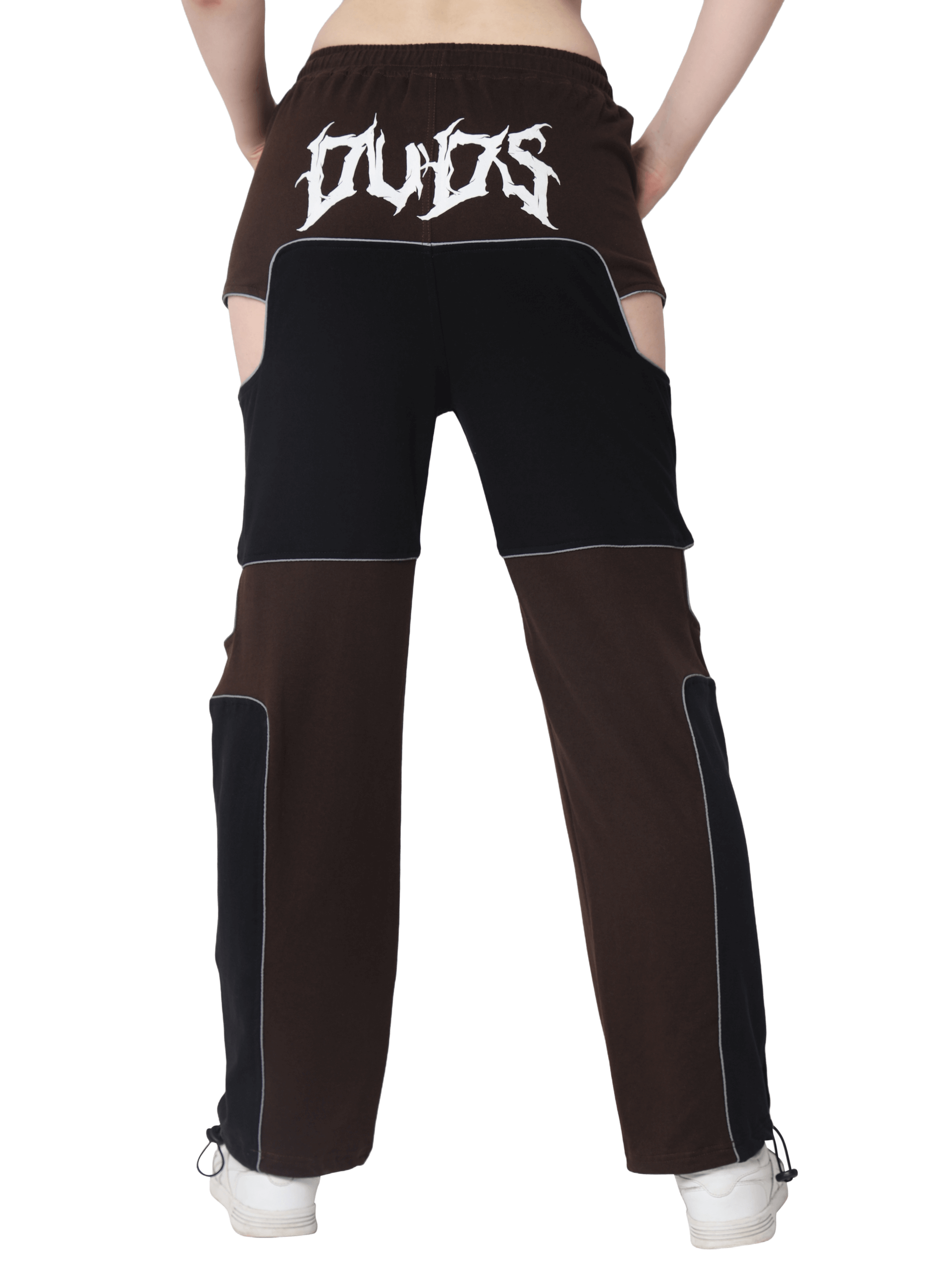 Women's Oddy Co-ord Set in Brown with stylish back design, made from premium heavy gauge 100% cotton, featuring reflector accents.