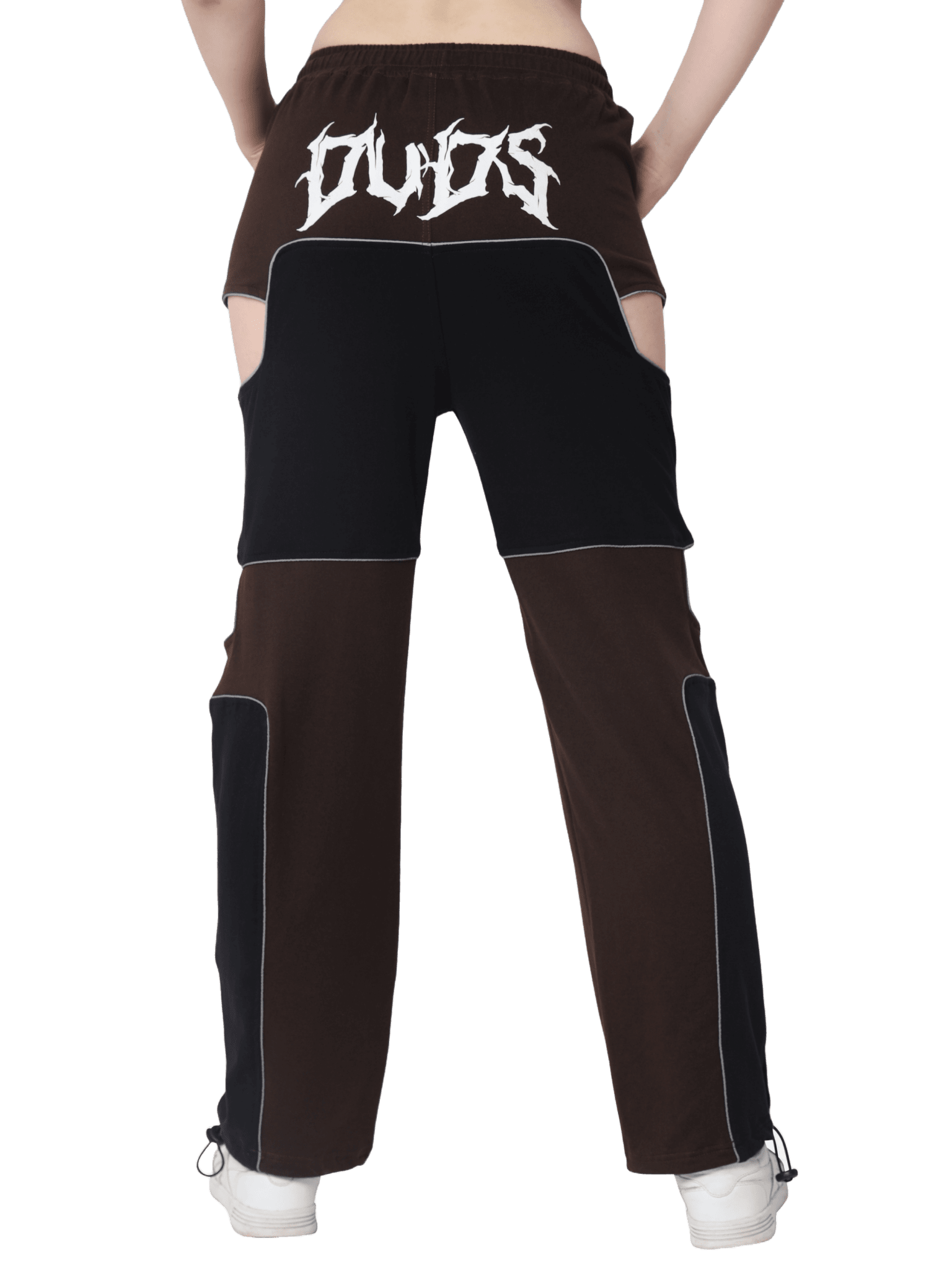 Back view of WOMEN'S ODDY COTTON CO-ORD SET BROWN showcasing stylish design with earthy hues and sleek lines.