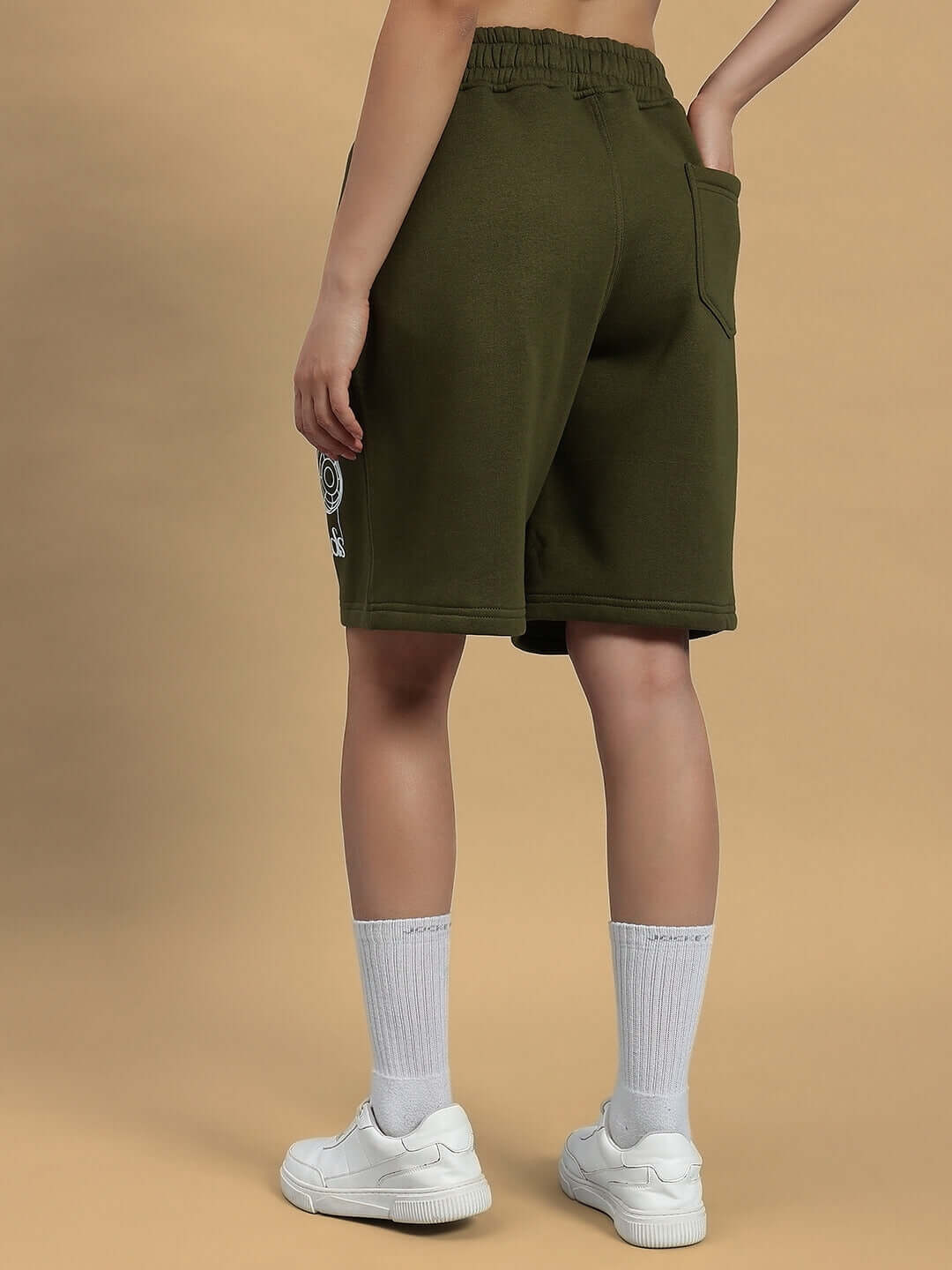 Back view of WOMEN OPERA FLEECE SHORTS OLIVE GREEN showcasing custom fit option in soft fleece material.